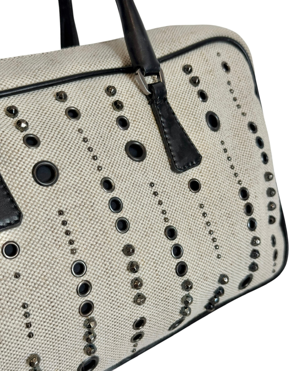 Prada Vintage Gray Canvas Scamosciato Grommet Top Handle Bag with Black Leather Trim