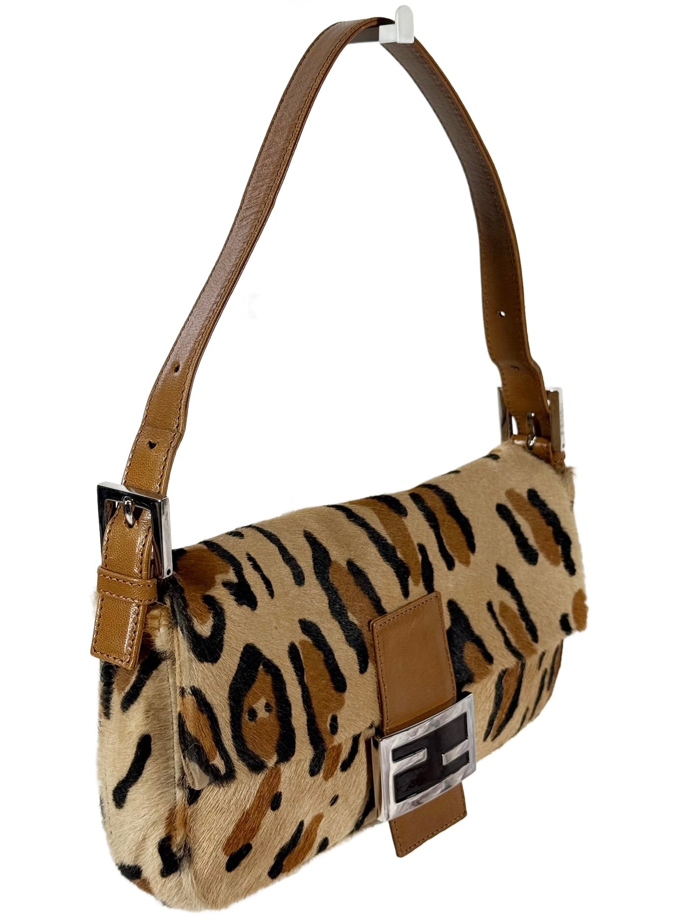 Fendi Vintage Beige Brown Leopard Print Pony Hair Shoulder Baguette Bag