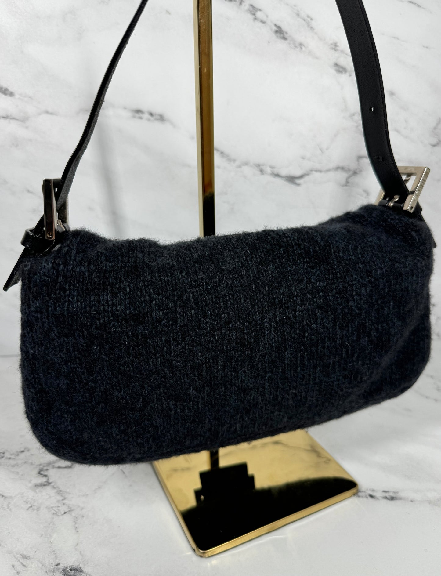 Fendi Vintage Dark Gray & Black Wool Knit Baguette Shoulder Bag