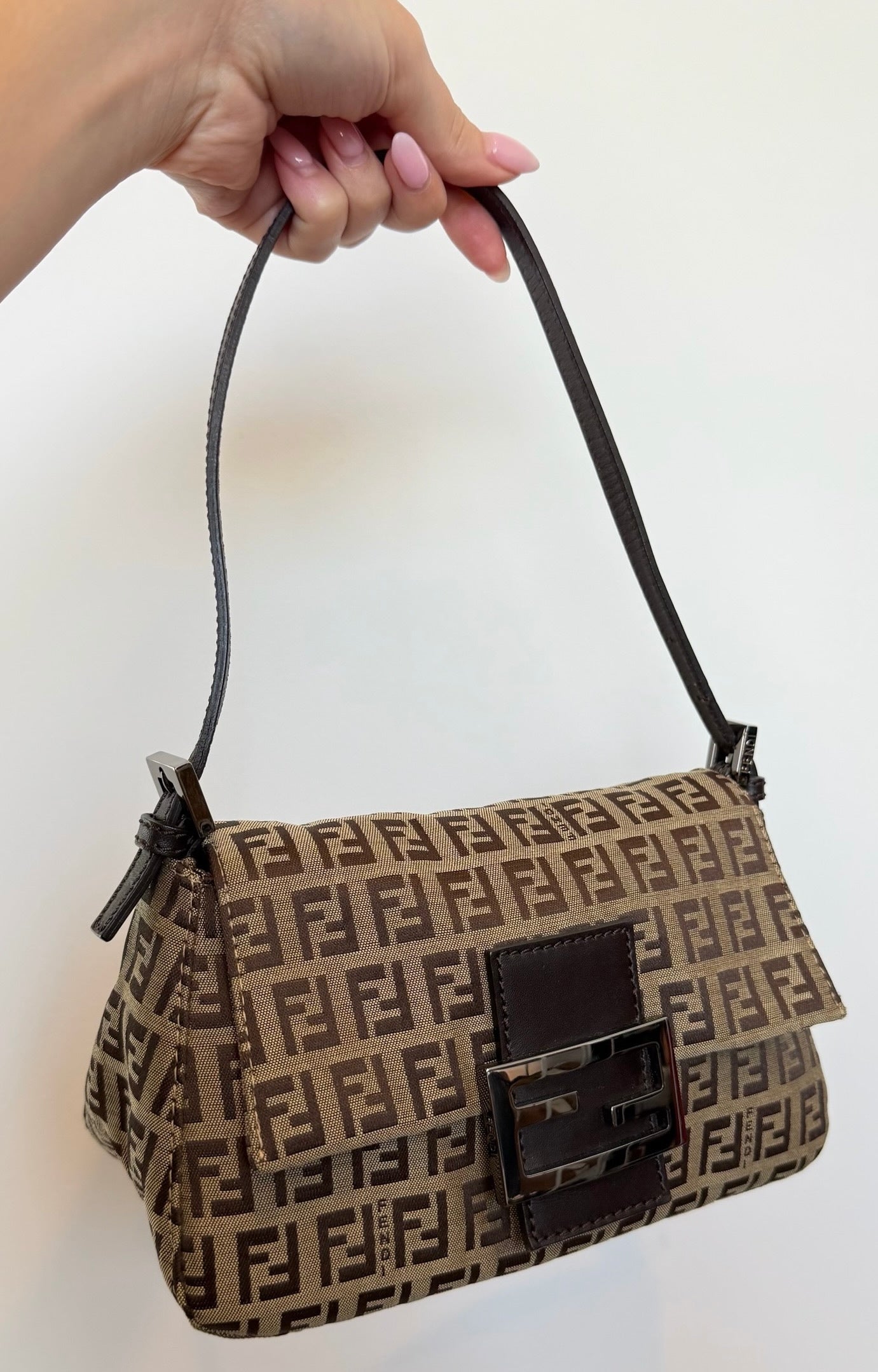 Fendi Vintage Light Brown Zucchino Zucca Monogram Mini Mamma Baguette Shoulder Bag