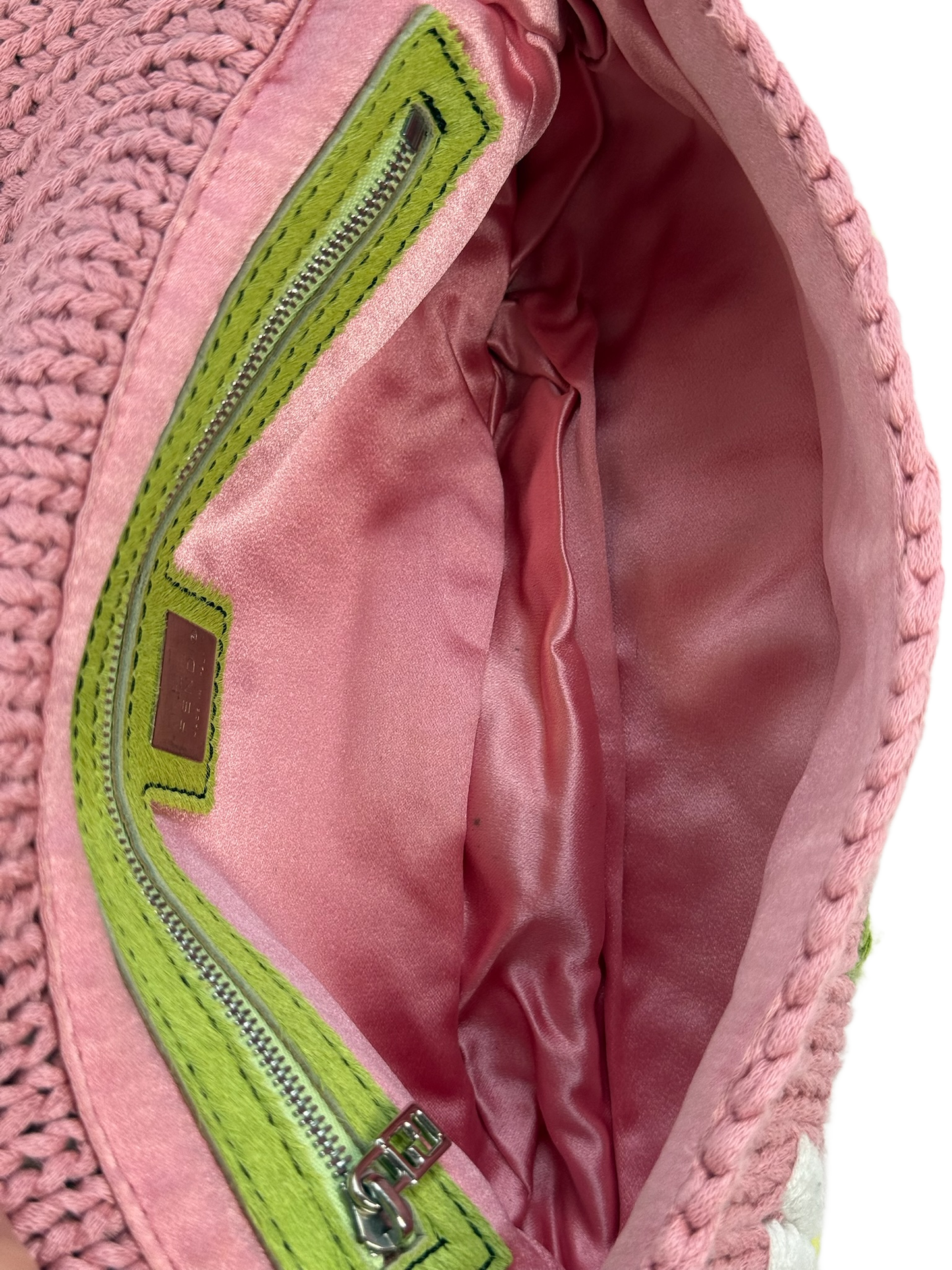 Fendi Vintage Pink Knit Crochet Floral Embroidered Green Cow Print Pony Hair Trim Shoulder Baguette Bag