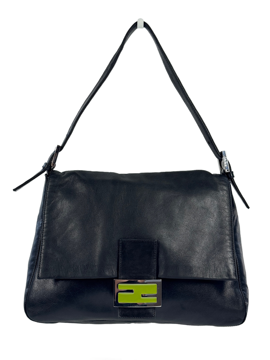 Fendi Vintage Black Leather Green Logo Mamma Shoulder Baguette Bag
