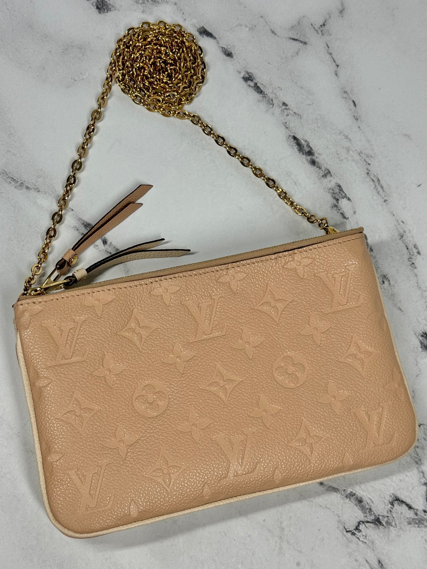 Louis Vuitton Beige & Rose Creme Monogram Empreinte Leather Double Zip Pochette Chain Bag