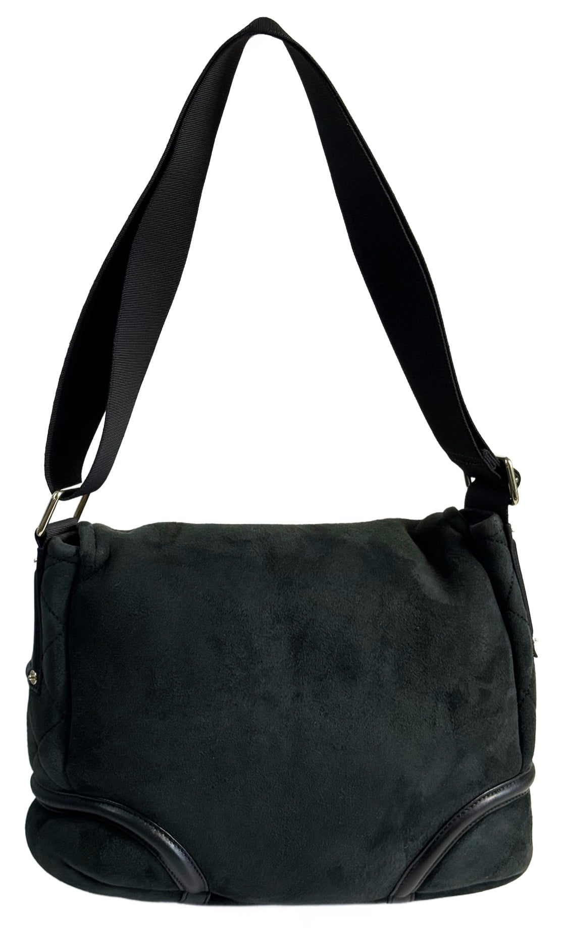 Chanel Vintage Black Micro Suede Shearling Trim CC Logo Small Shoulder Messenger Bag