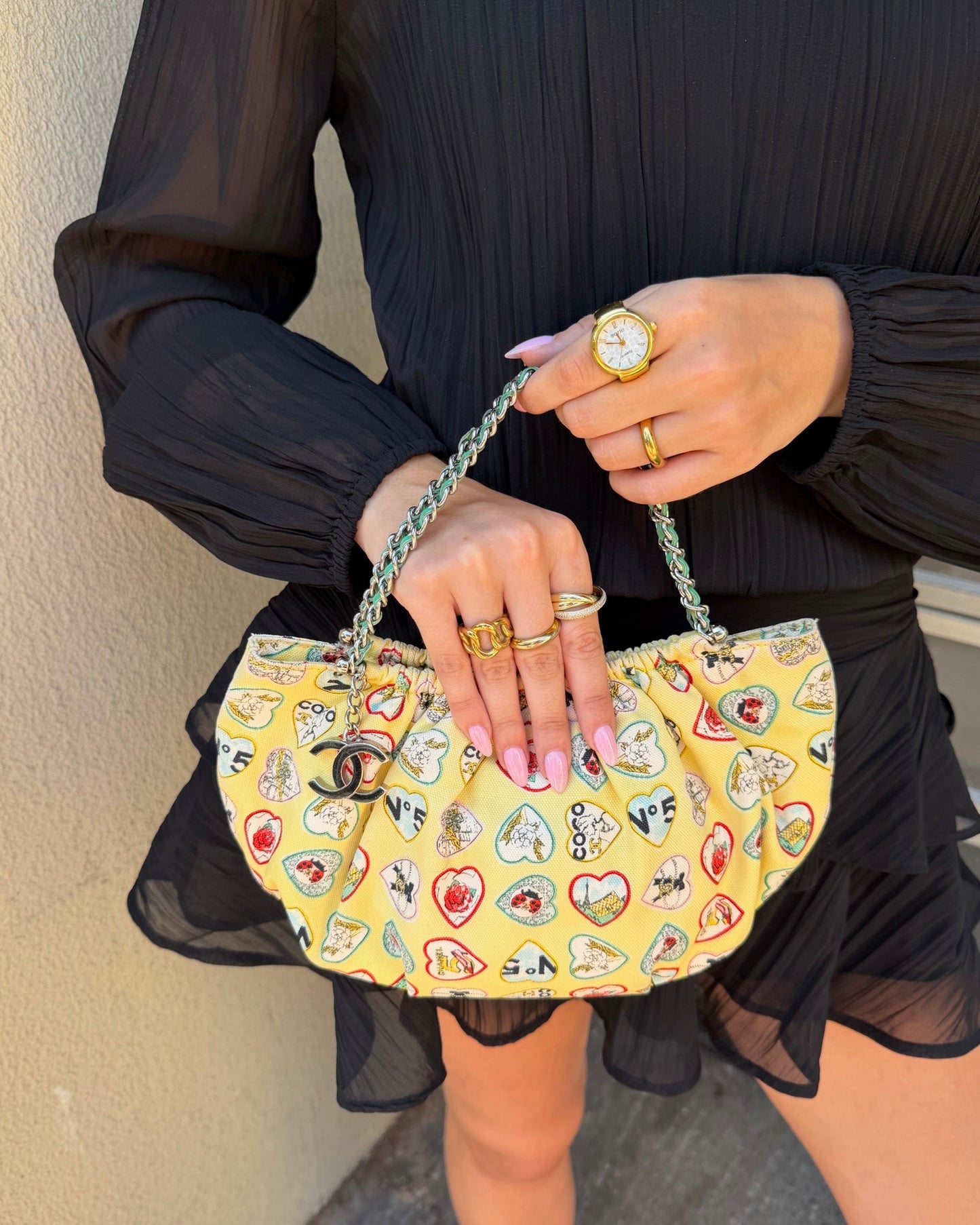 Chanel Vintage 2006 Yellow Valentine Heart Motif Canvas CC Charm Small Pochette Bag