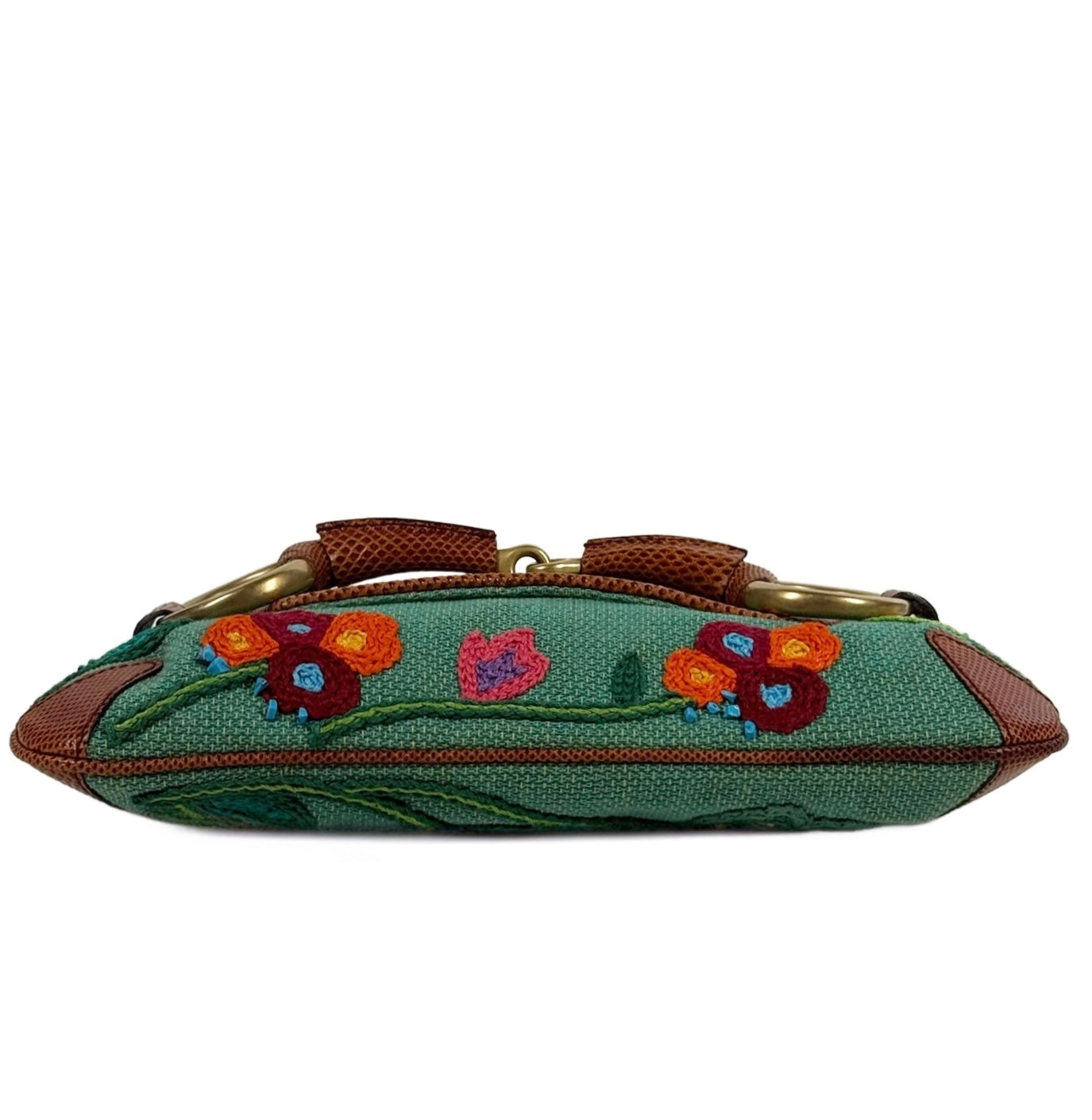 Gucci Vintage Turquoise Floral Embroidered Raffia Lizard Trim Small Horsebit Clutch Shoulder Bag