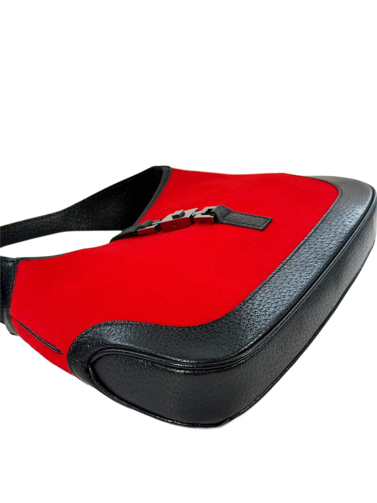 Gucci Vintage Red Felt Black Leather Trim Small Jackie O Shoulder Bag