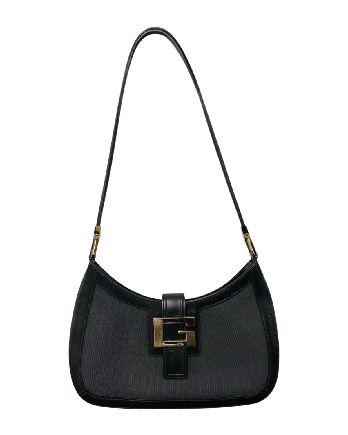 Gucci Vintage Black Canvas Leather Trim G Logo Buckle Shoulder Bag