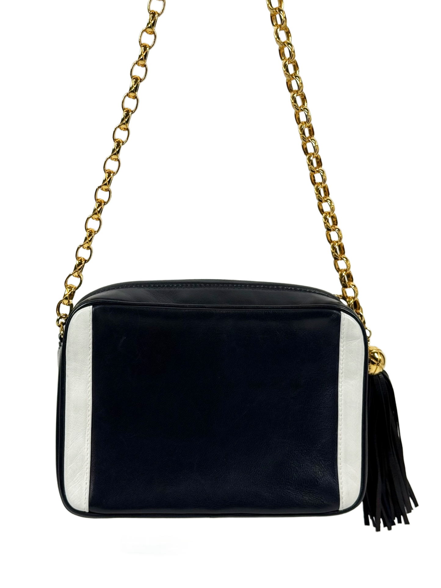Chanel Vintage 90s Navy Blue White Lambskin Leather Trim Tassel Camera Shoulder Bag