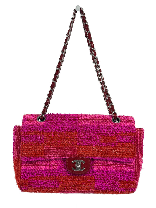 Chanel Vintage 00s Metallic Red & Pink Tweed Medium Classic Single Flap Bag w Matte Silver Hardware 
