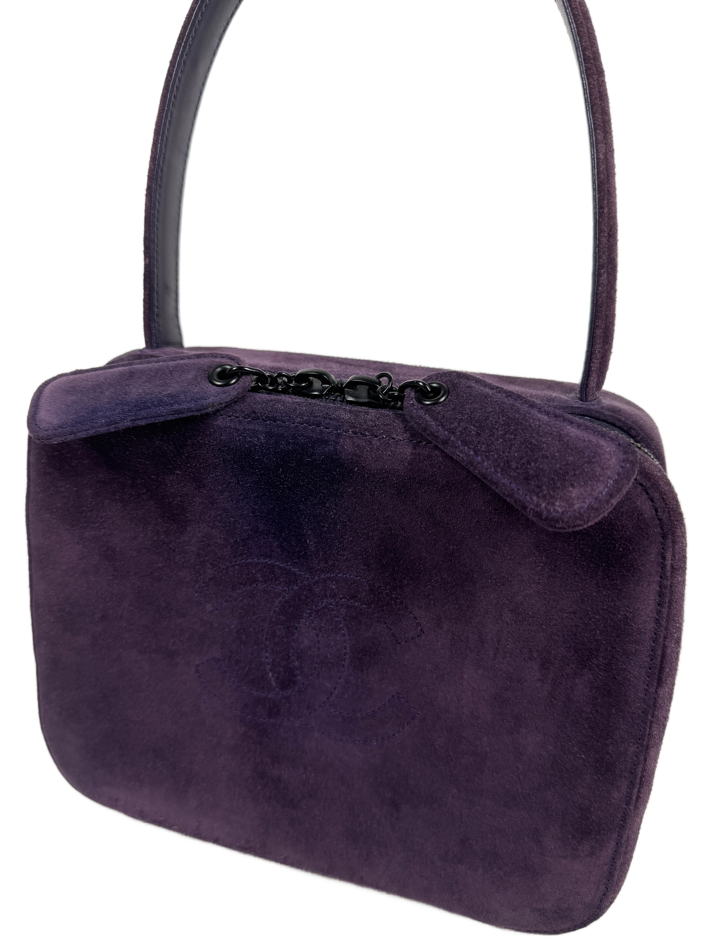 Chanel Vintage 90s Purple Eggplant Suede CC Top Handle Vanity Shoulder Bag