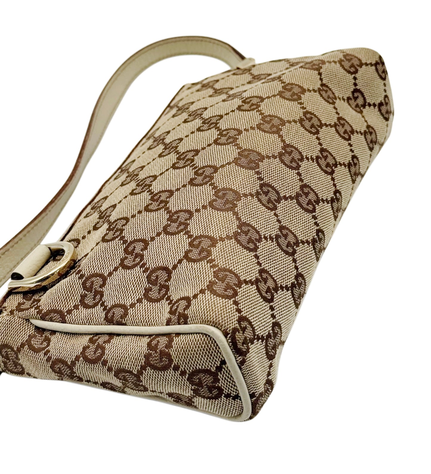Gucci Vintage Brown GG Monogram Canvas w Ivory Leather Trim D Ring Pochette Shoulder Bag