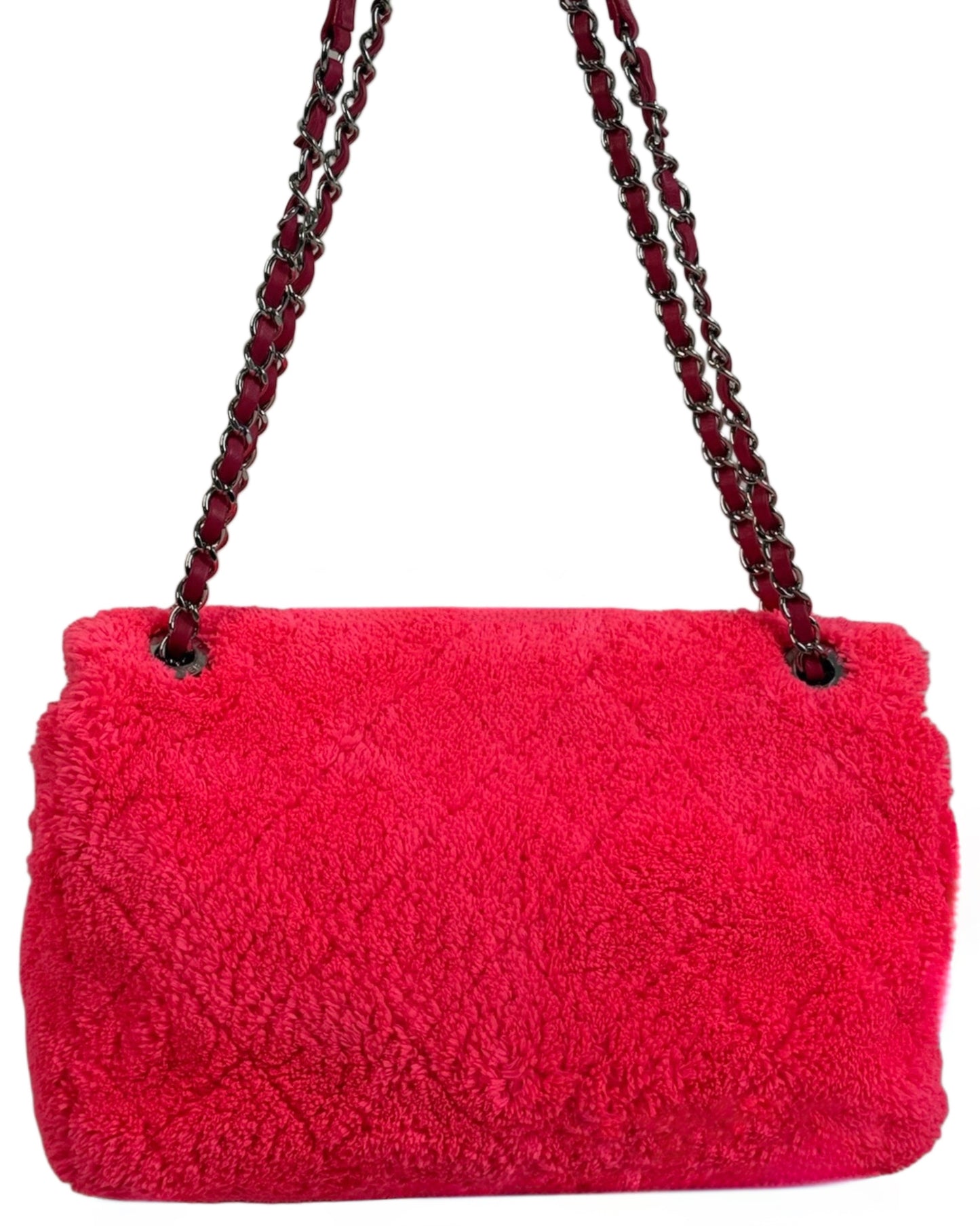 Chanel 2019 Neon Pink Terry Cloth Medium Shoulder Flap Bag