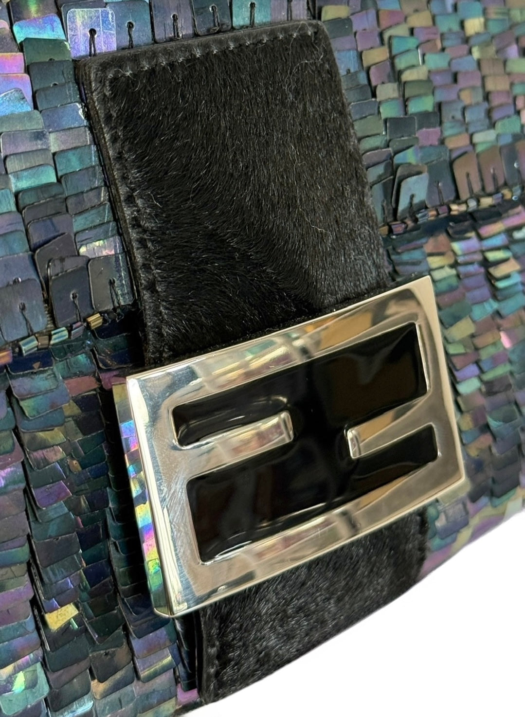 Fendi Vintage Iridescent Black Palliates Sequin Beaded Baguette with Pony Hair Trim