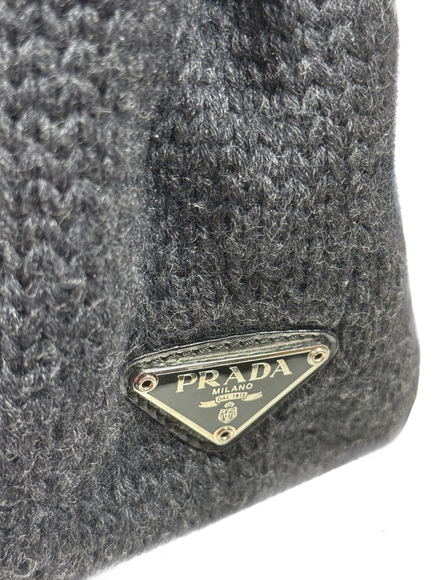 Prada Vintage Dark Gray Knit with Black Leather Trim Top Handle Tote Bag