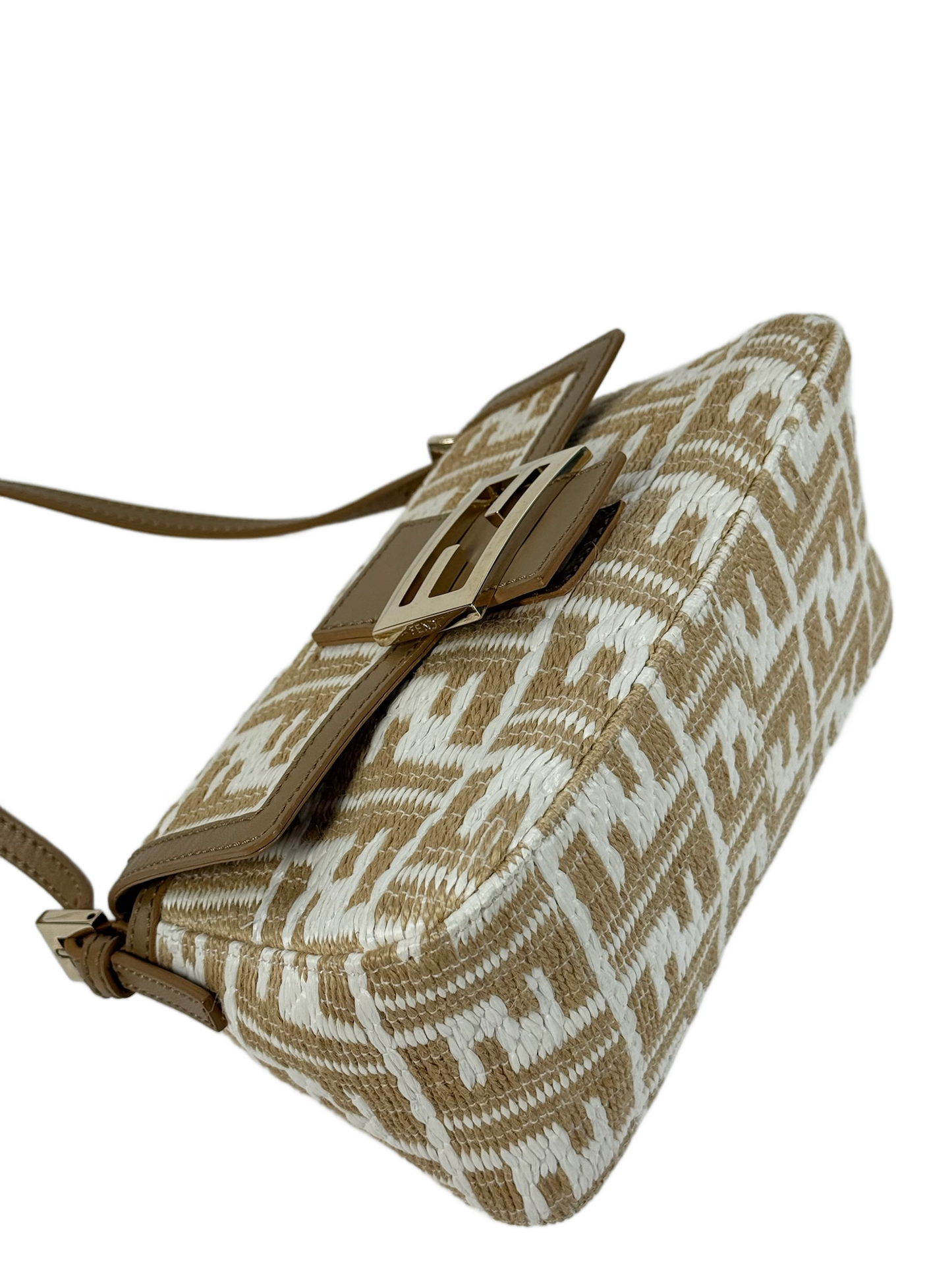 Fendi Beige & White Raffia Zucca Monogram Mini Mamma Baguette