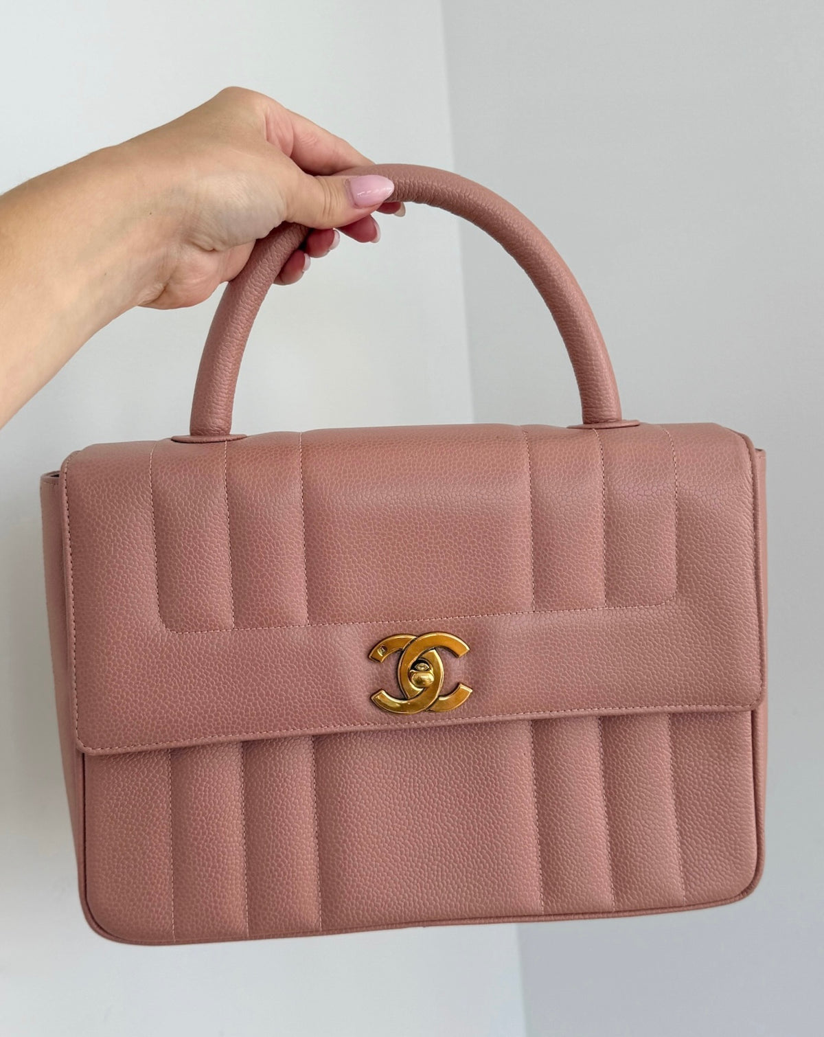 Chanel Vintage 1994 Sakura Pink Caviar Leather Vertical Quilted Medium Kelly Top Handle Flap Bag with 24K GPHW