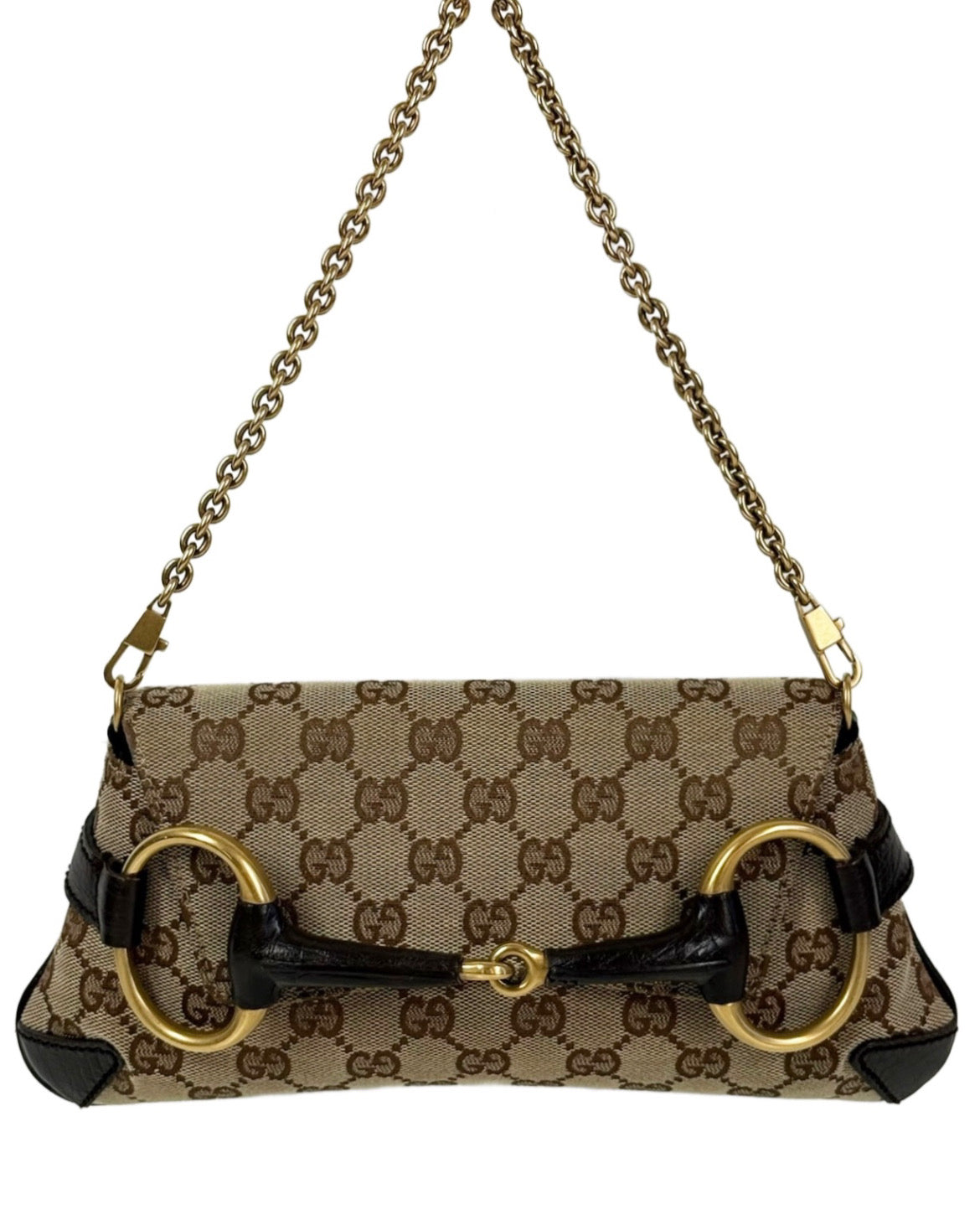 Gucci Vintage Brown GG Monogram Small Horsebit Shoulder Clutch Pochette Bag