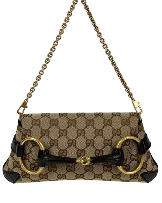 Gucci Vintage Brown GG Monogram Small Horsebit Shoulder Clutch Pochette Bag