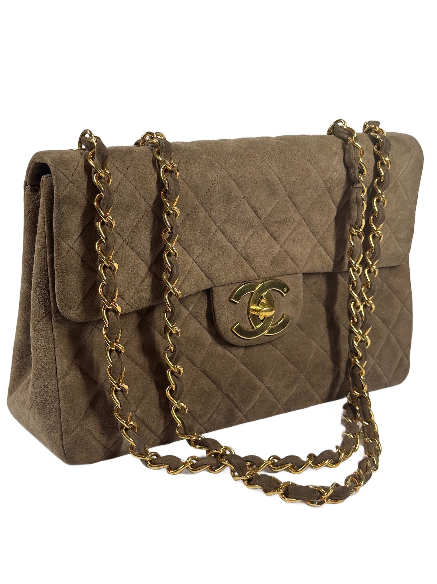 Chanel Vintage 90s Brown Quilted Suede Jumbo CC Shoulder Classic Single Flap Bag