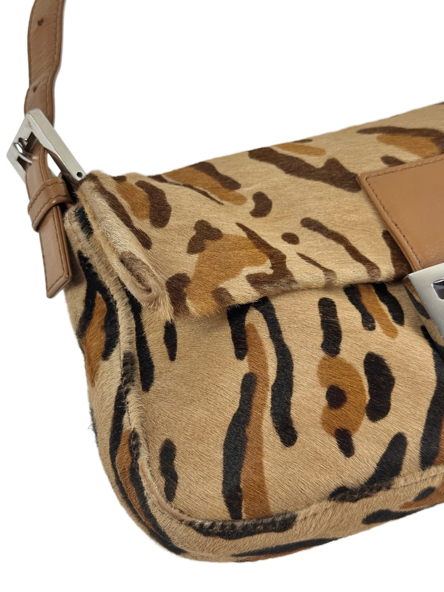 Fendi Vintage Beige Brown Leopard Print Pony Hair Shoulder Baguette Bag