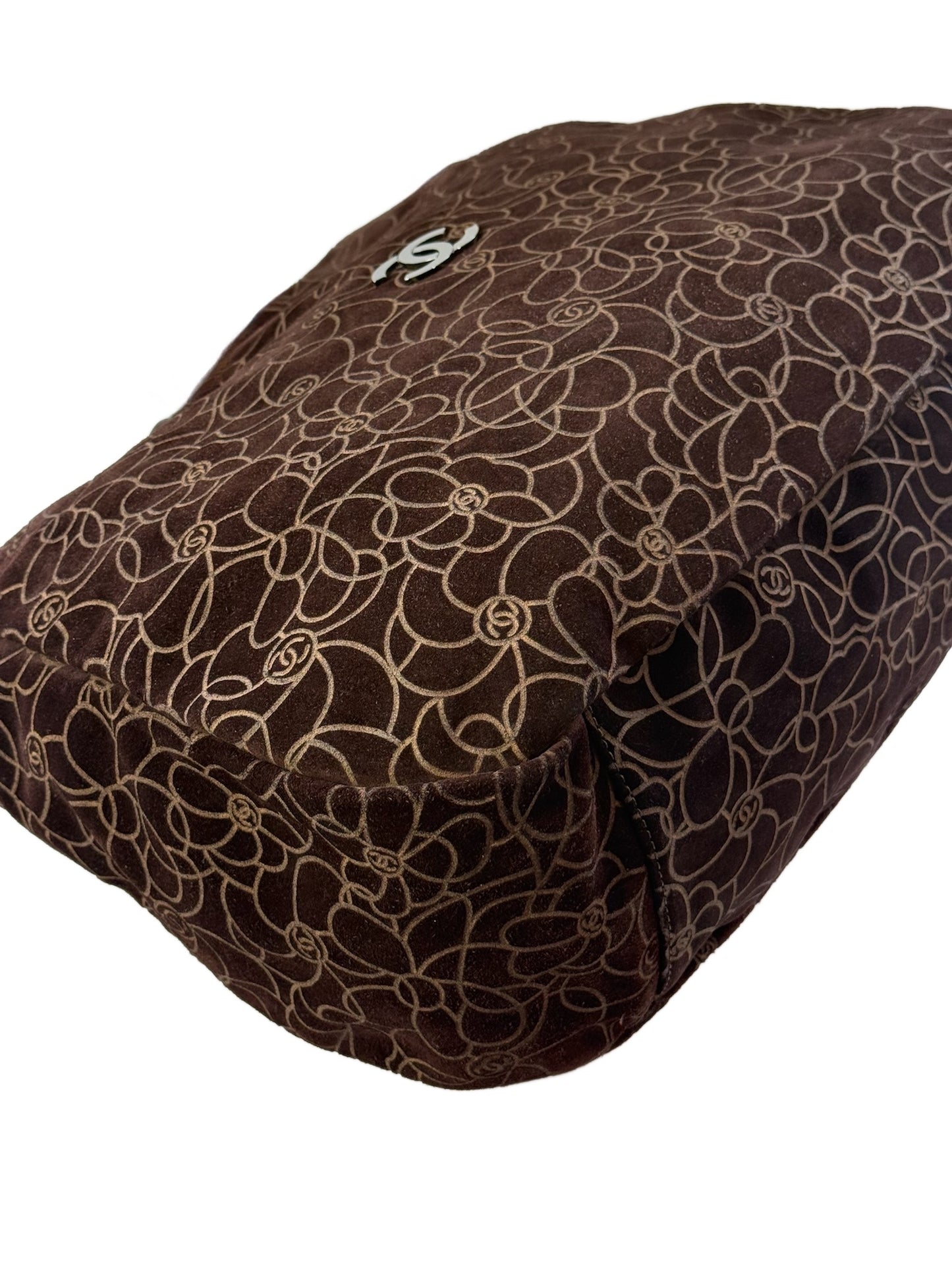 Chanel Vintage 00s Brown Suede Camellia Embossed Hobo