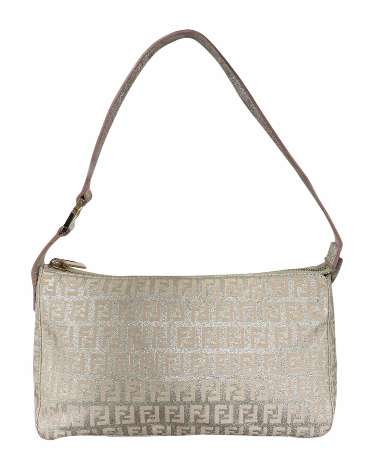 Fendi Vintage Pink Iridescent Metallic Zucchino Zucca Monogram Medium Shoulder Pochette Bag