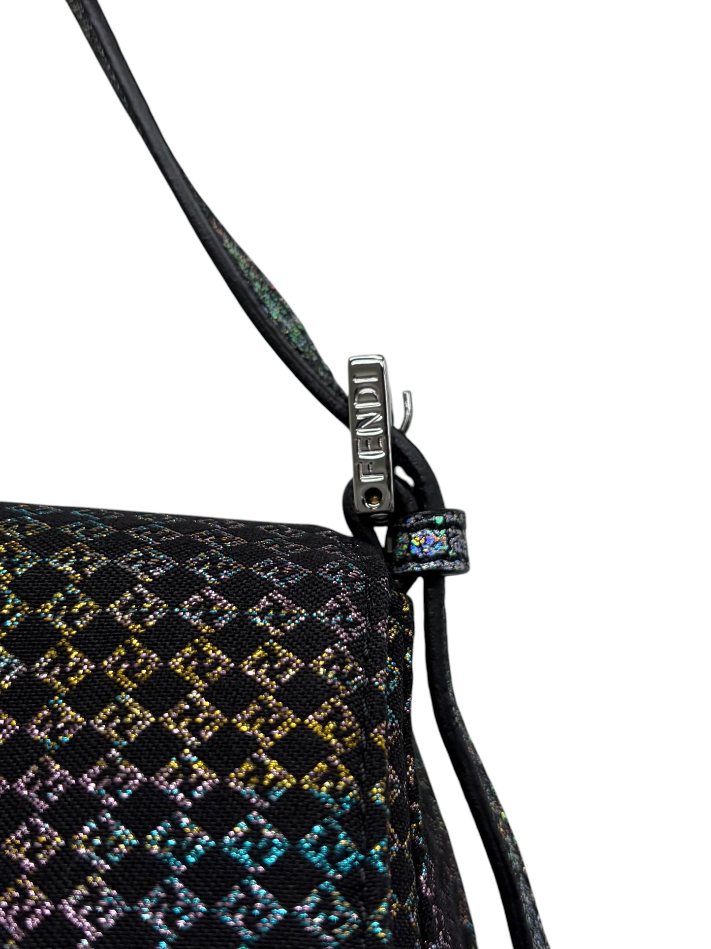 Fendi Vintage Black Iridescent Micro Zucchino Zucca Monogram Mini Mamma Shoulder Baguette Bag