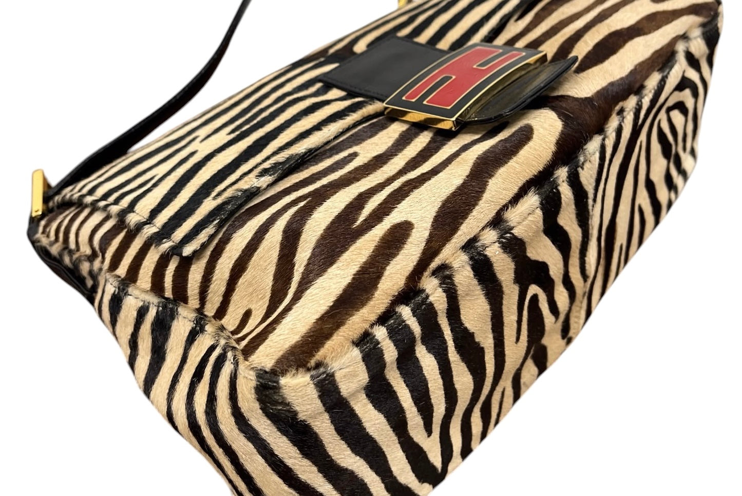 Fendi Vintage Zebra Print Pony Hair Mamma Baguette Shoulder Bag with Red Enamel Trim