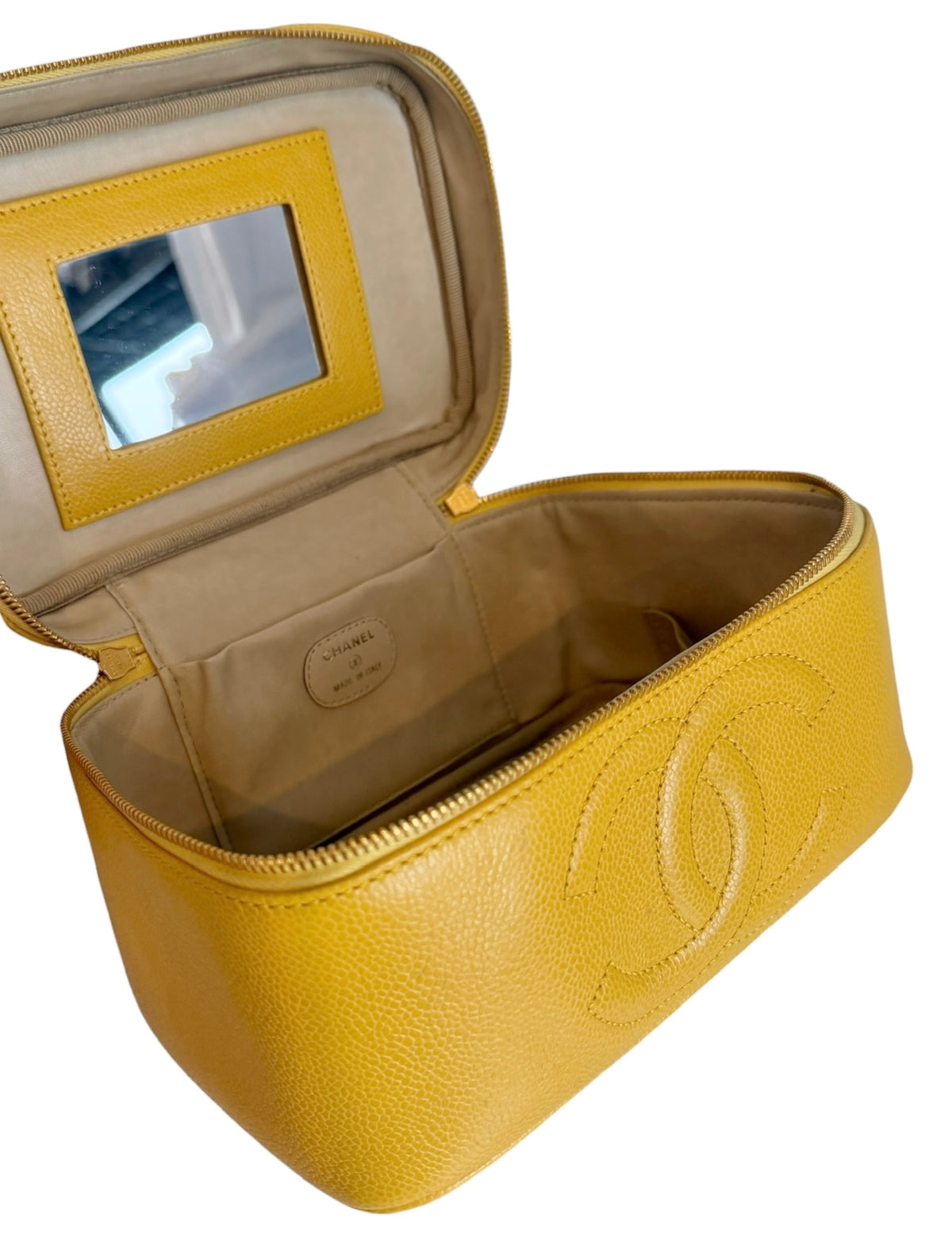 Chanel Vintage Late 90s Yellow Caviar Leather CC Logo Large Horizontal Vanity Case with 24K GPHW