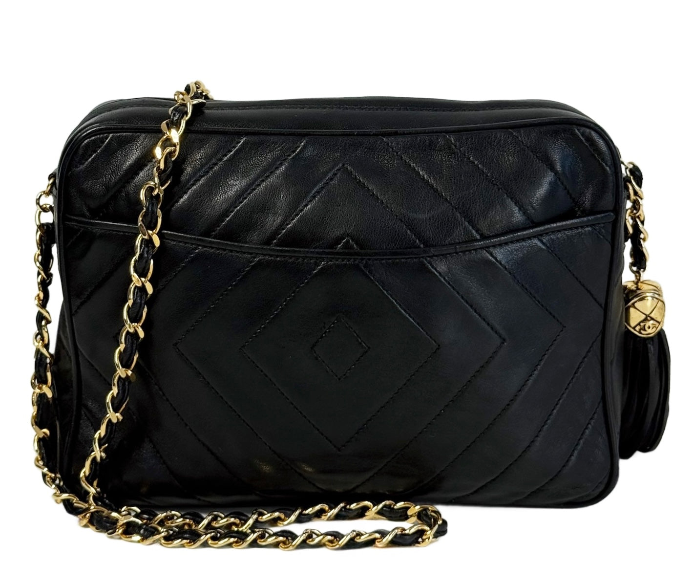 Chanel Vintage Black Quilted Trapezoid Quilted Lambskin Tassel Camera Bag w 24K Gold Plated Hardware