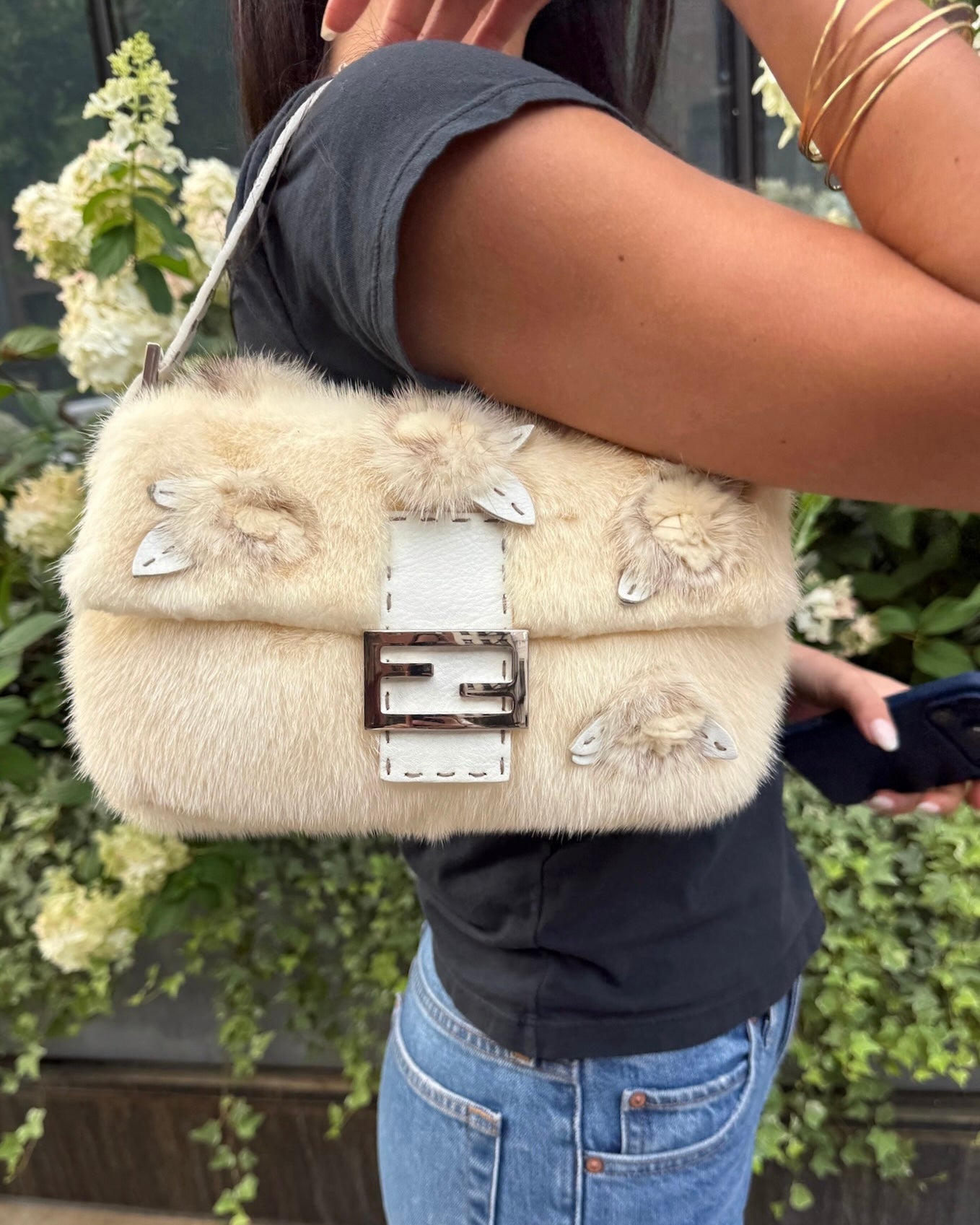Fendi Vintage Ivory Rabbit Fur Selleria Leather Trim Shoulder Baguette Bag with Rose Details