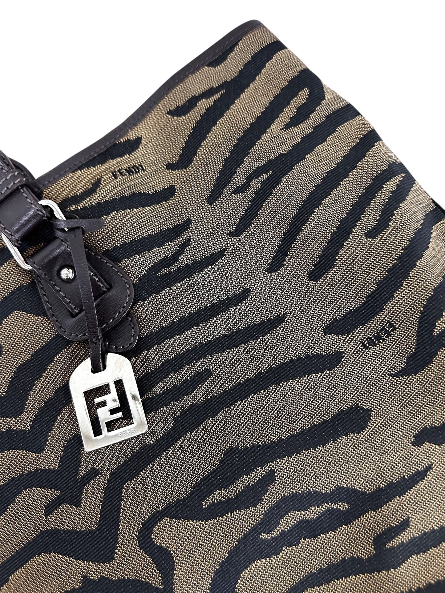 Fendi Vintage Brown Zebra Print Canvas Brown Leather Trim Shoulder Tote Bag  