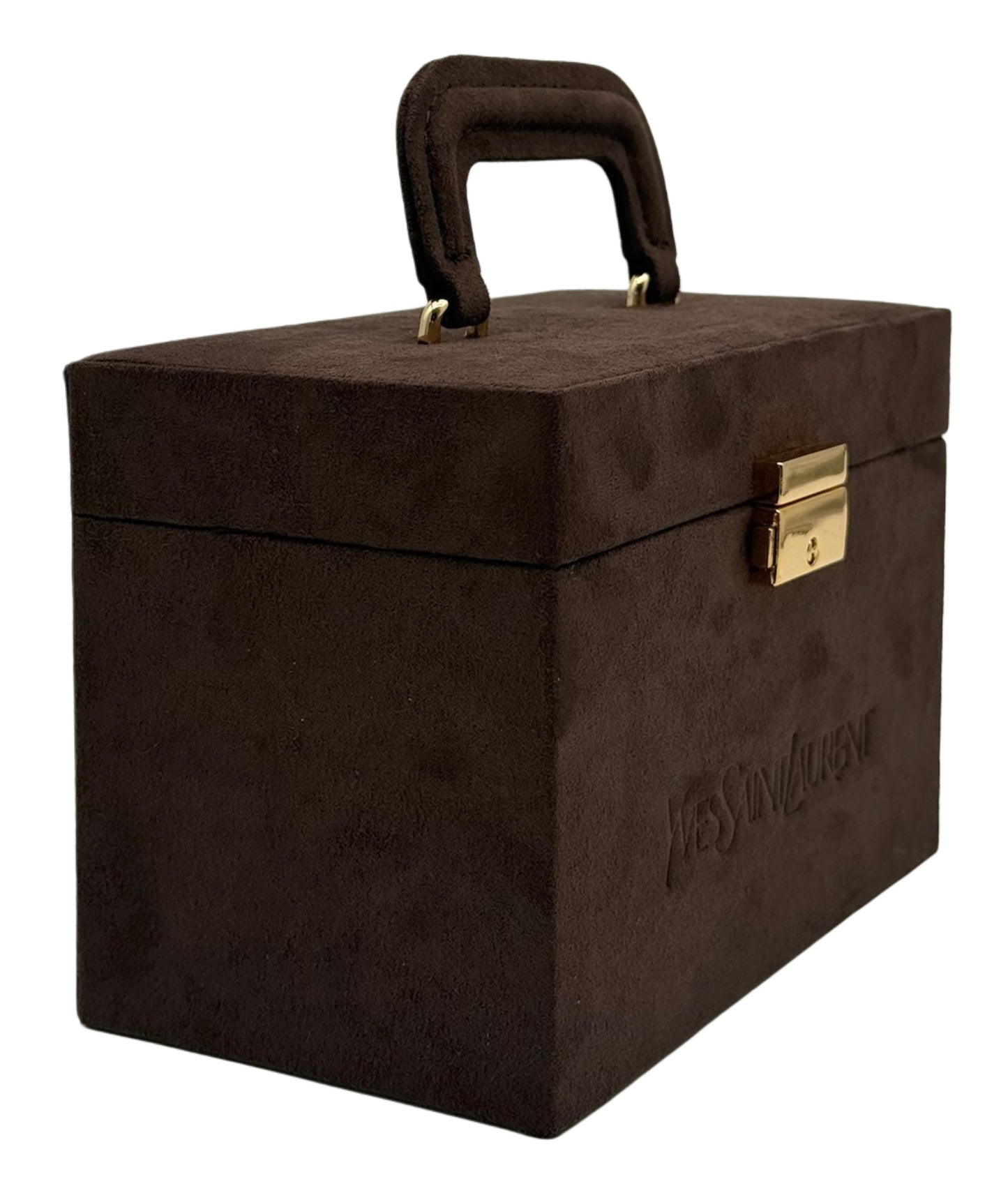 YSL / Yves Saint Laurent Vintage Brown Suede Mini Trunk Vanity Jewelry Case Box