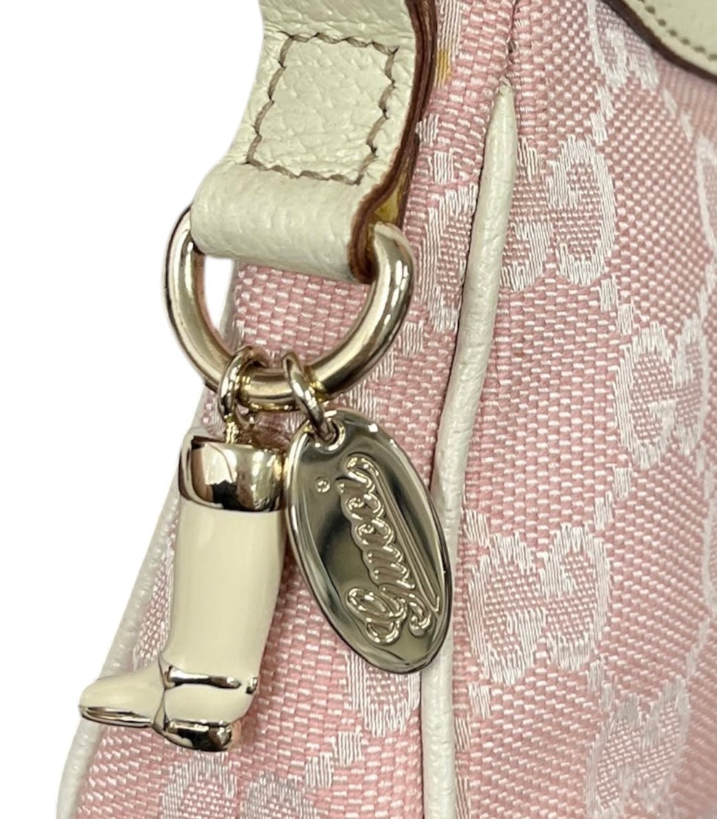 Gucci Vintage Pink GG Monogram White Leather Trim Mini Charmy Shoulder Pochette Bag