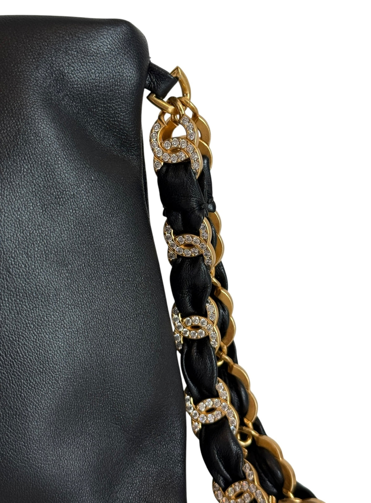 Chanel 2024 Black Lambskin Wristlet Evening Clutch with Rhinestone Crystal CC Logos