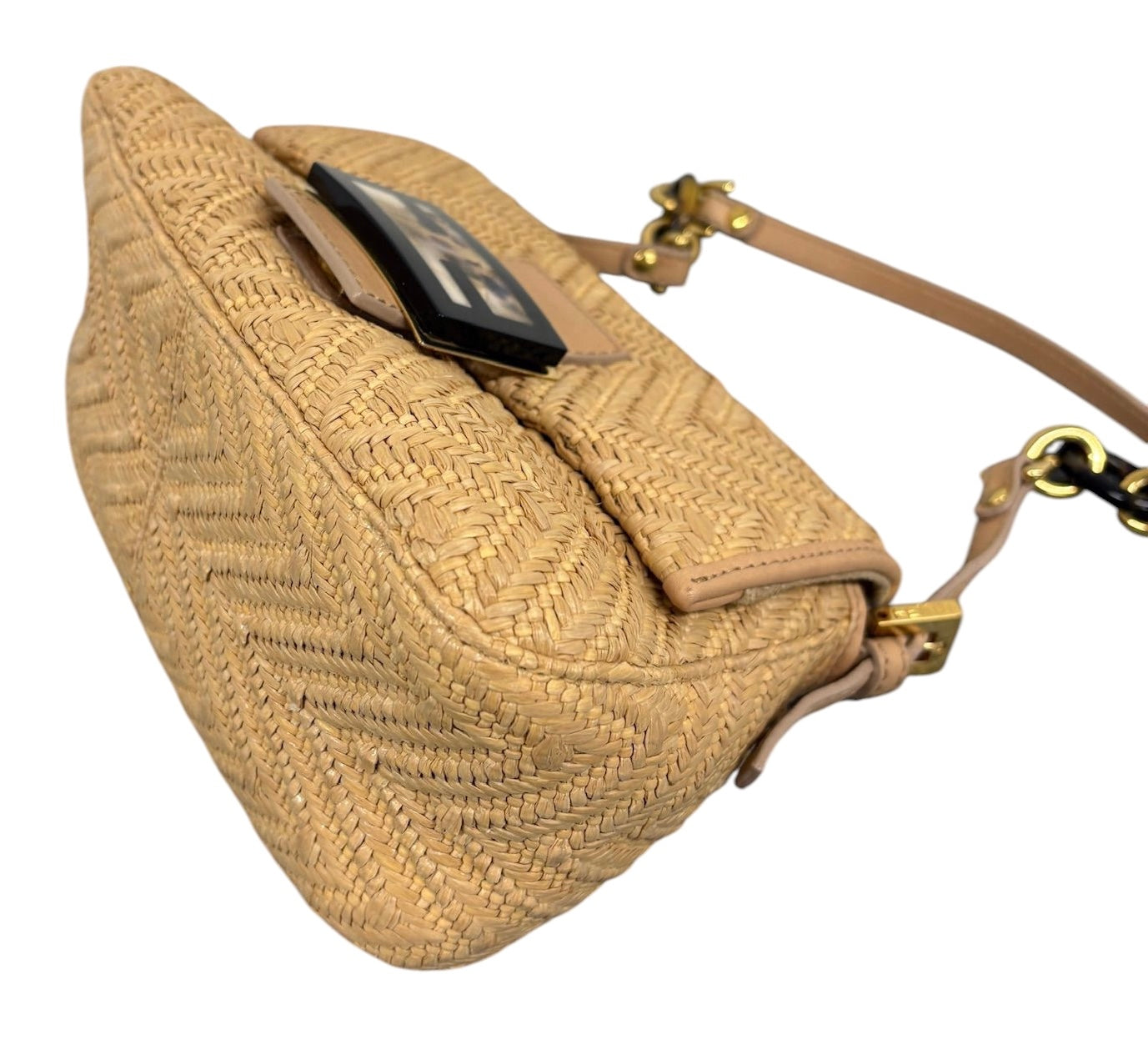 Fendi Vintage Beige Woven Chevron Raffia Marble Logo Mini Mamma Shoulder Baguette Bag