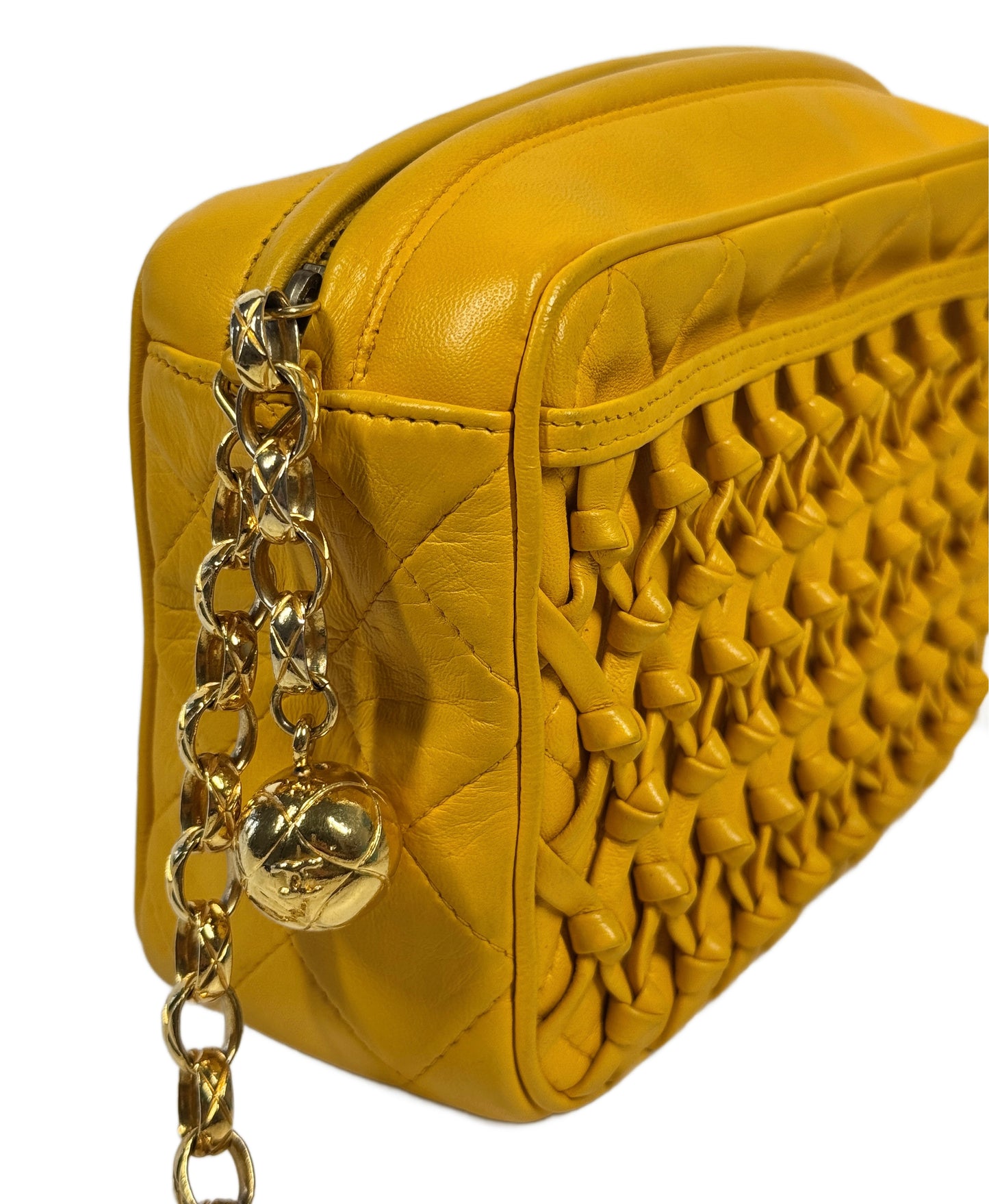 Chanel Vintage 90s Yellow Gold Knotted Quilted Lambskin Tassel Camera Shoulder Crossbody Bag