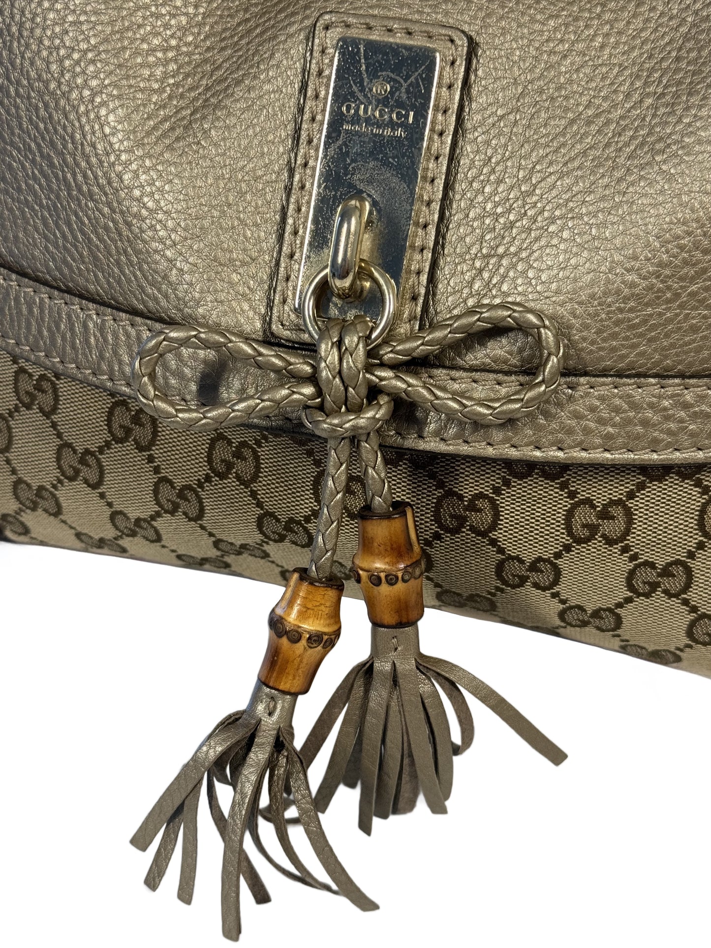 Gucci Vintage Brown GG Monogram Canvas & Gold Leather Bella Bow Flap Medium Shoulder & Crossbody Bag