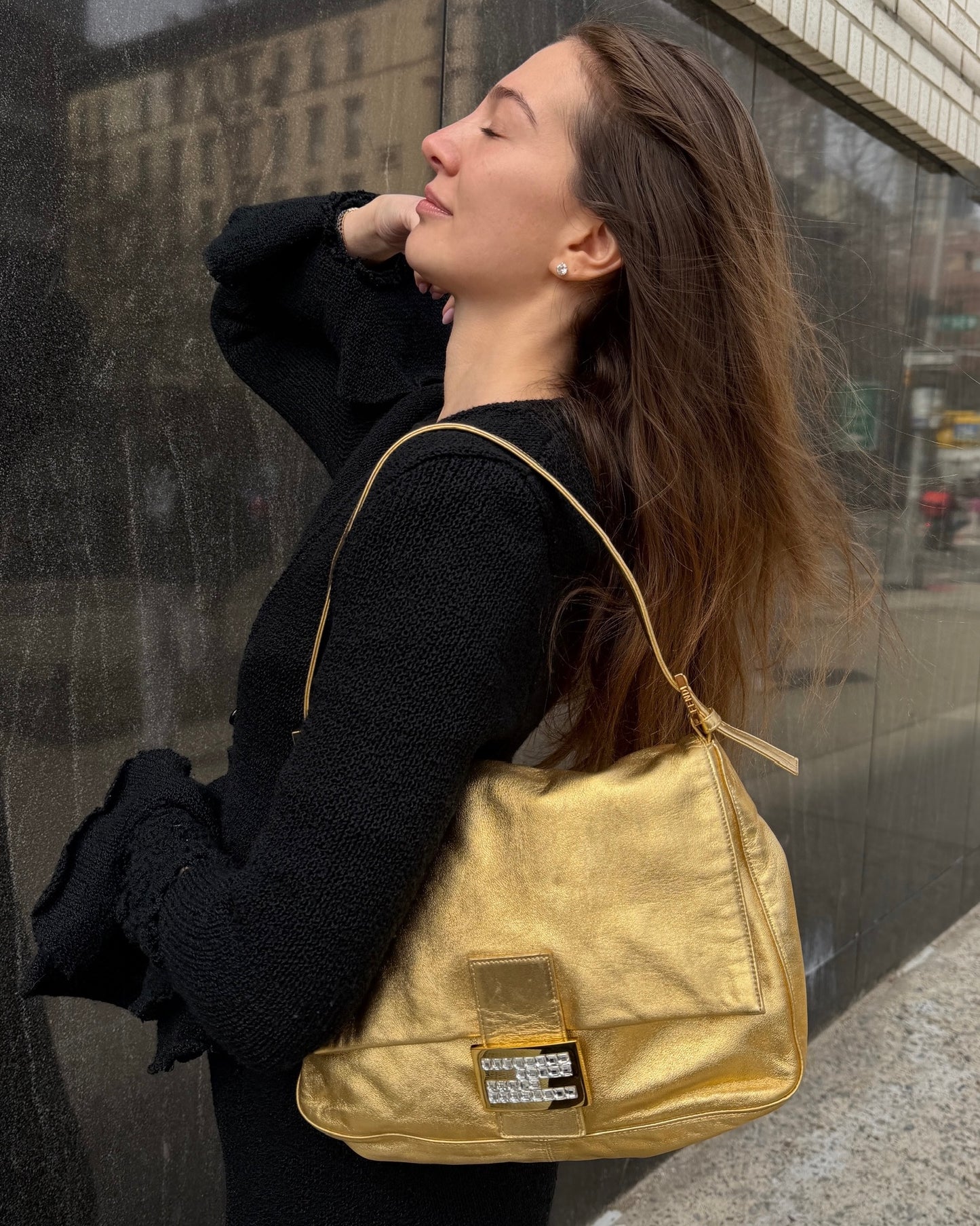 Fendi Vintage Gold Lambskin Leather Crystal Logo Mamma Shoulder Baguette Bag