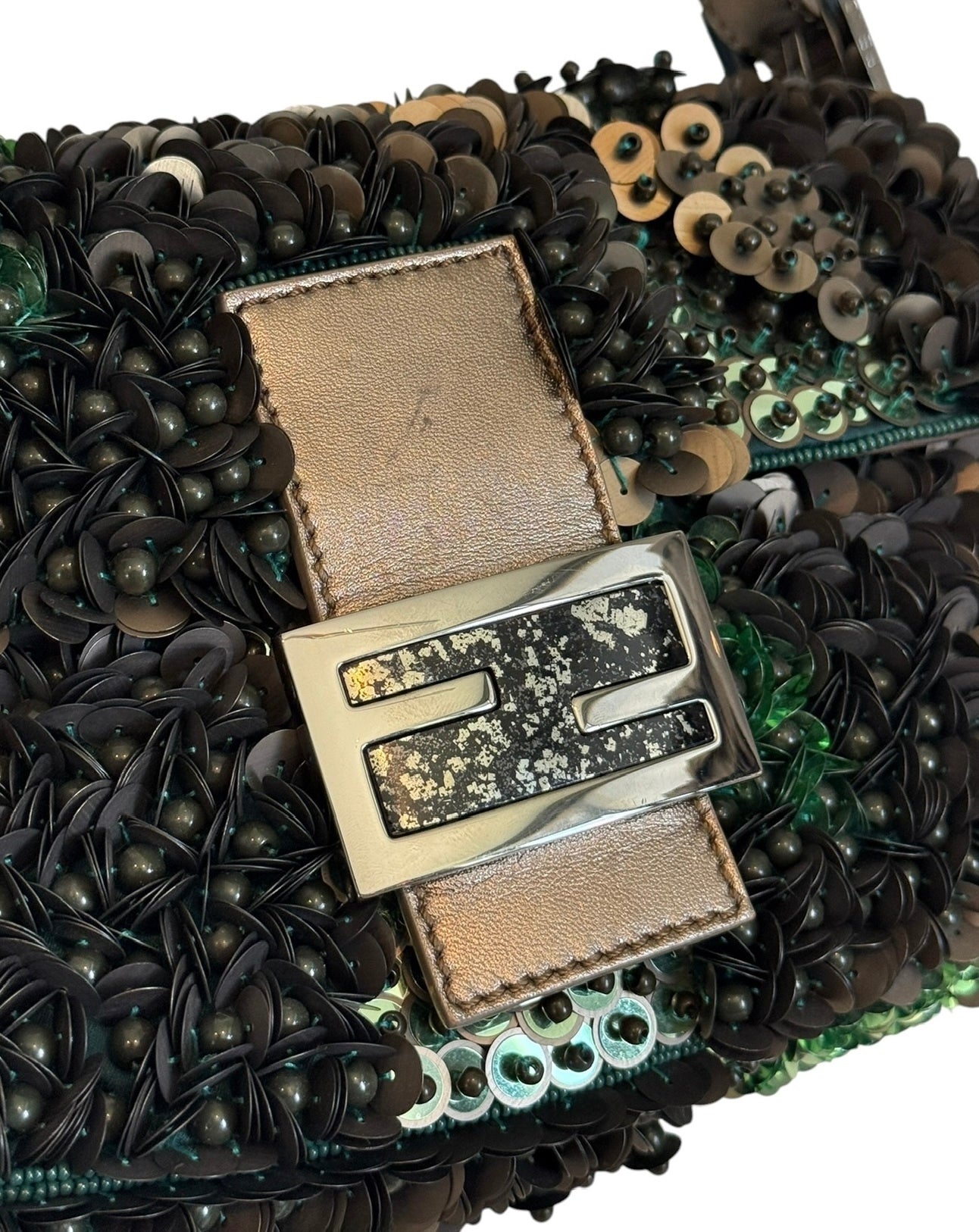 Fendi 2013 Camo Green 3D Beaded Sequin Embellished Shoulder Baguette Shoulder with Gunmetal Hardware