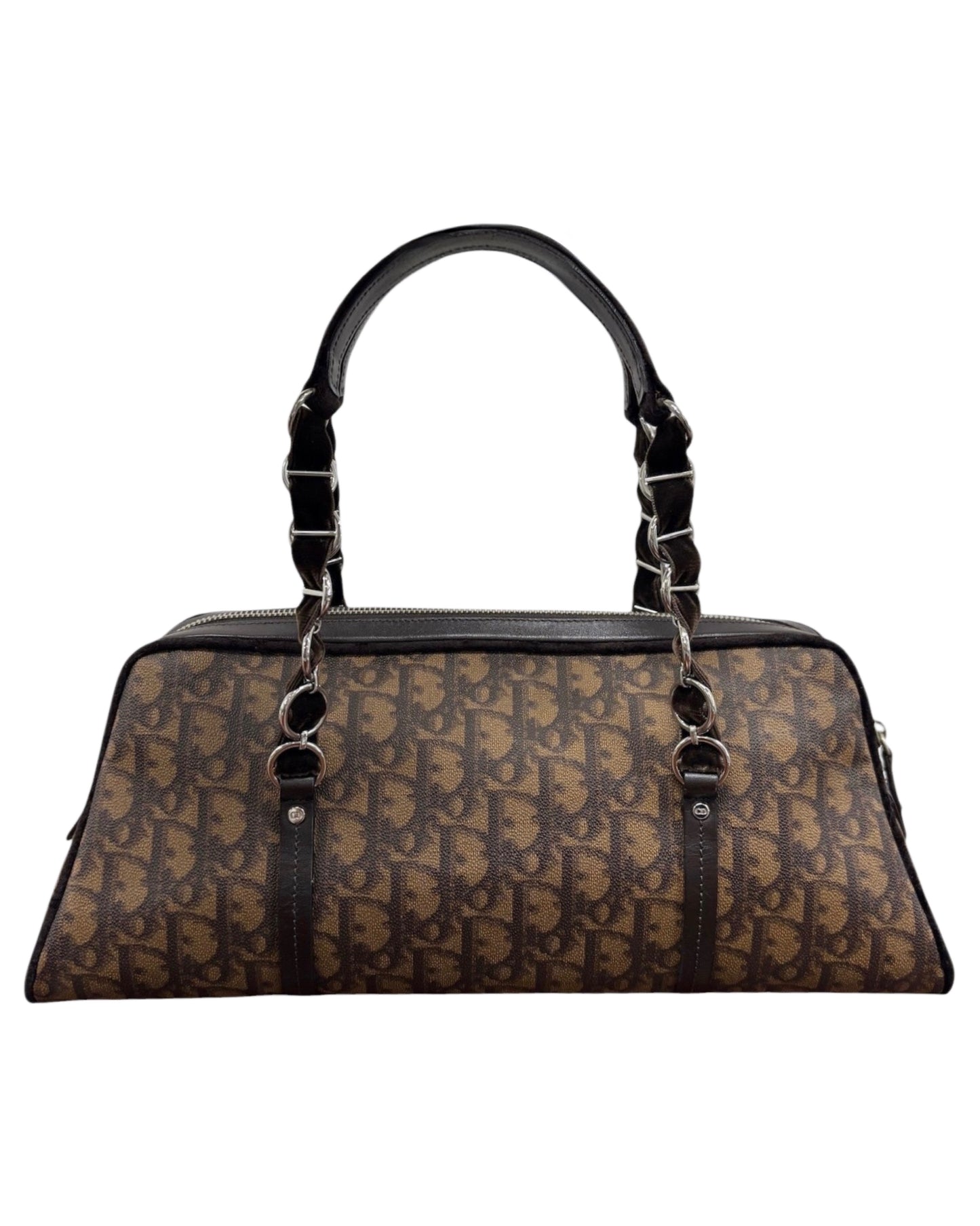 Dior Vintage 2005 Brown Diorissimo Monogram Canvas Romantique Velvet Bow Floral Trotter East West Shoulder Bag