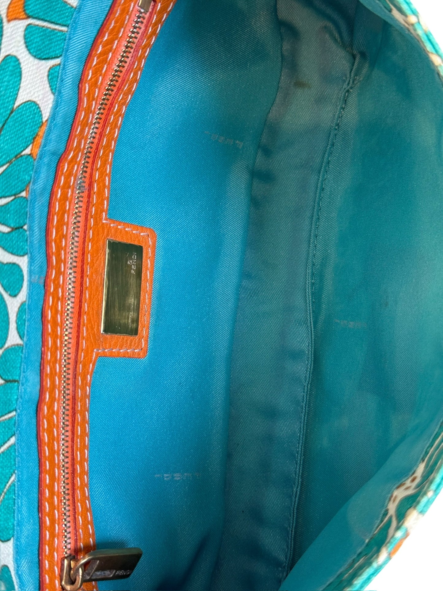 Fendi Vintage Turquoise & Orange Crystal Floral Selleria Leather Trim Shoulder Baguette Bag