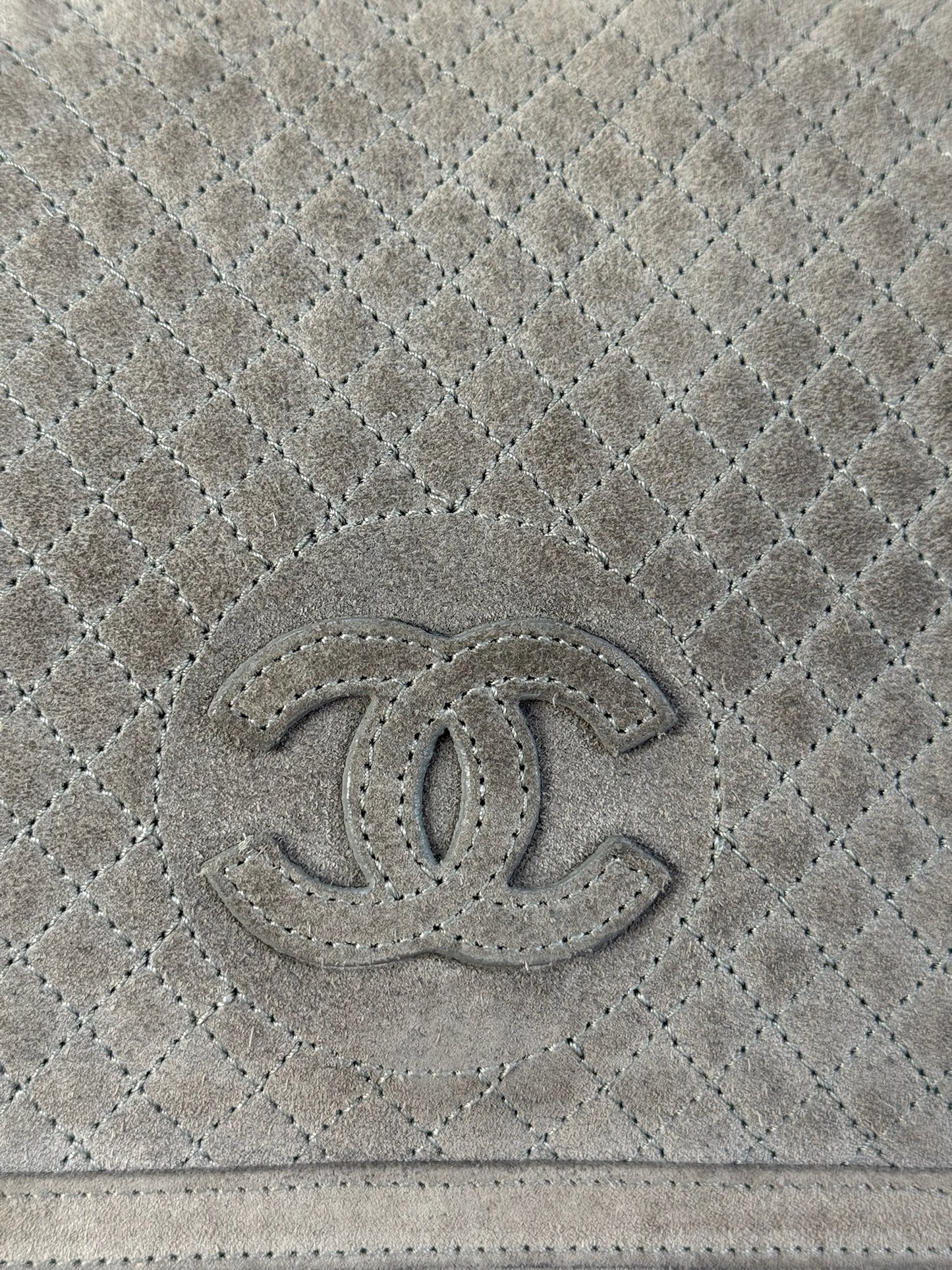 Chanel Gray Quilted Suede & Ivory Shearling Shoulder Flap Bag