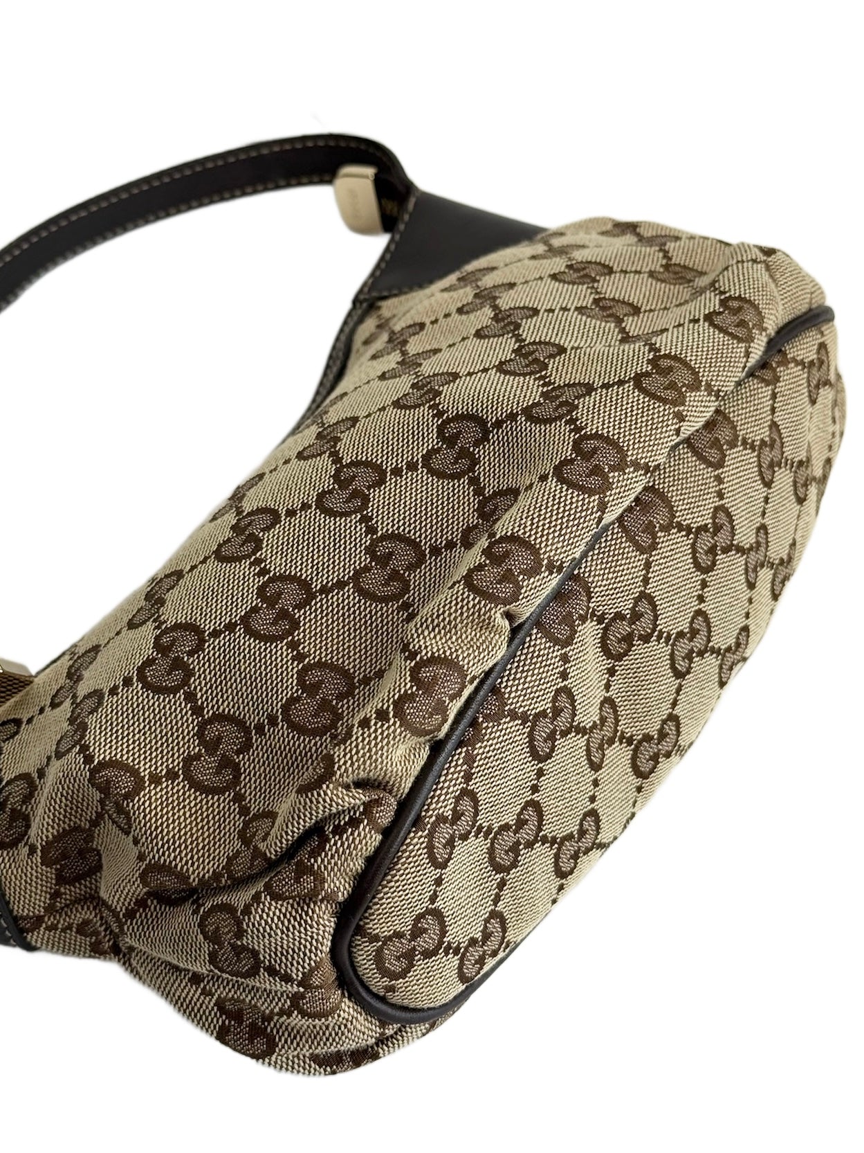 Gucci Vintage Brown GG Monogram Brown Leather Trim Webb Stripe Pull Ruffle Small Pochette Bag