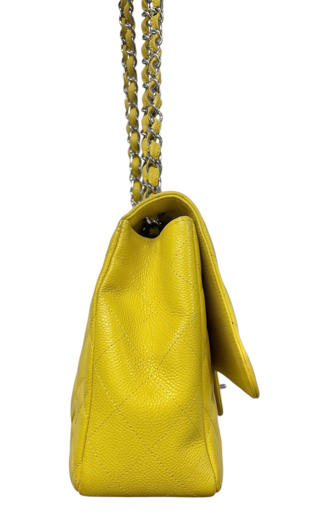 Chanel Yellow Quilted Caviar Jumbo Classic Single Flap Bag with Silver Hardware 