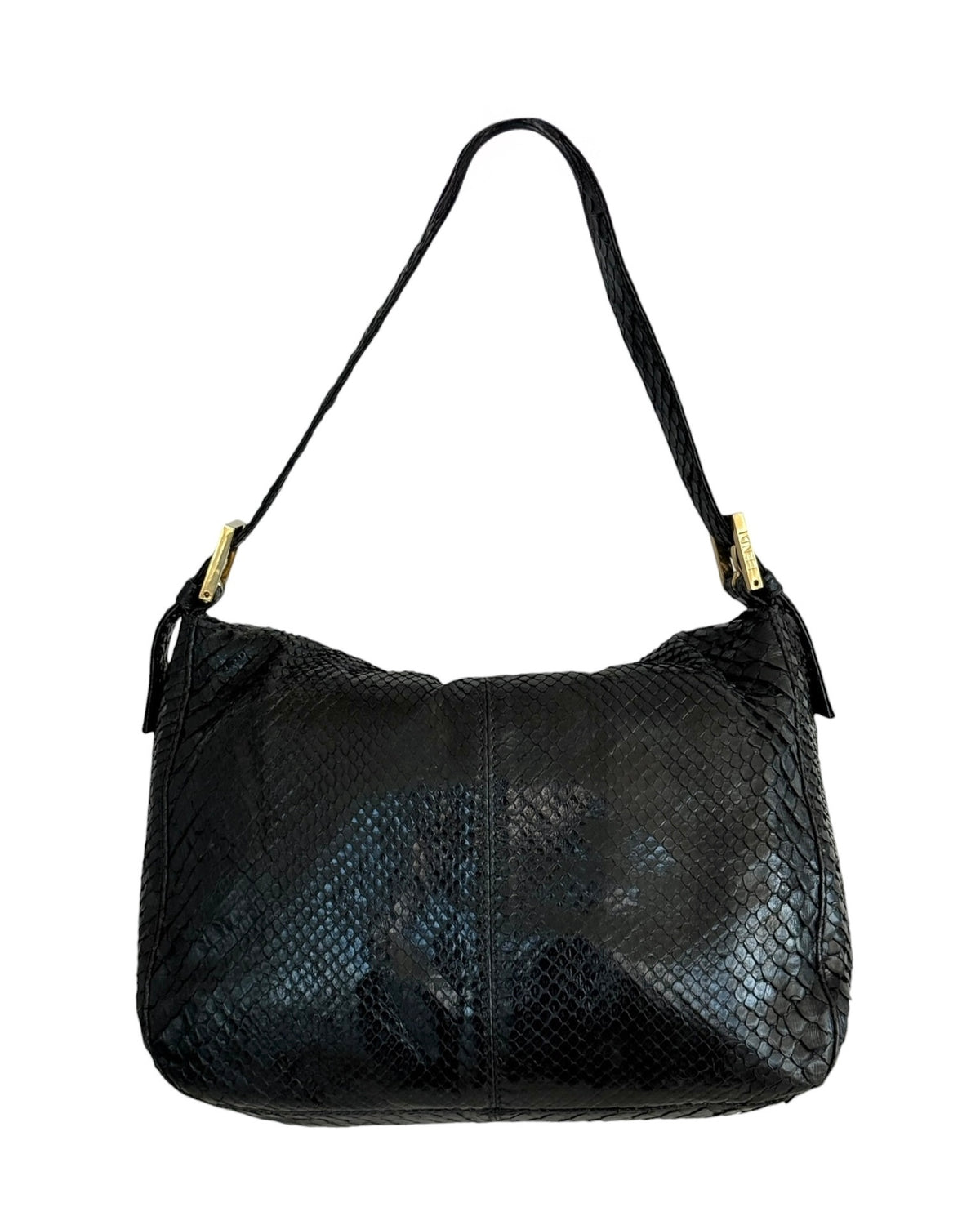 Fendi Vintage Black Python Leather Double Flap Bucket Small Hobo Shoulder Baguette Bag