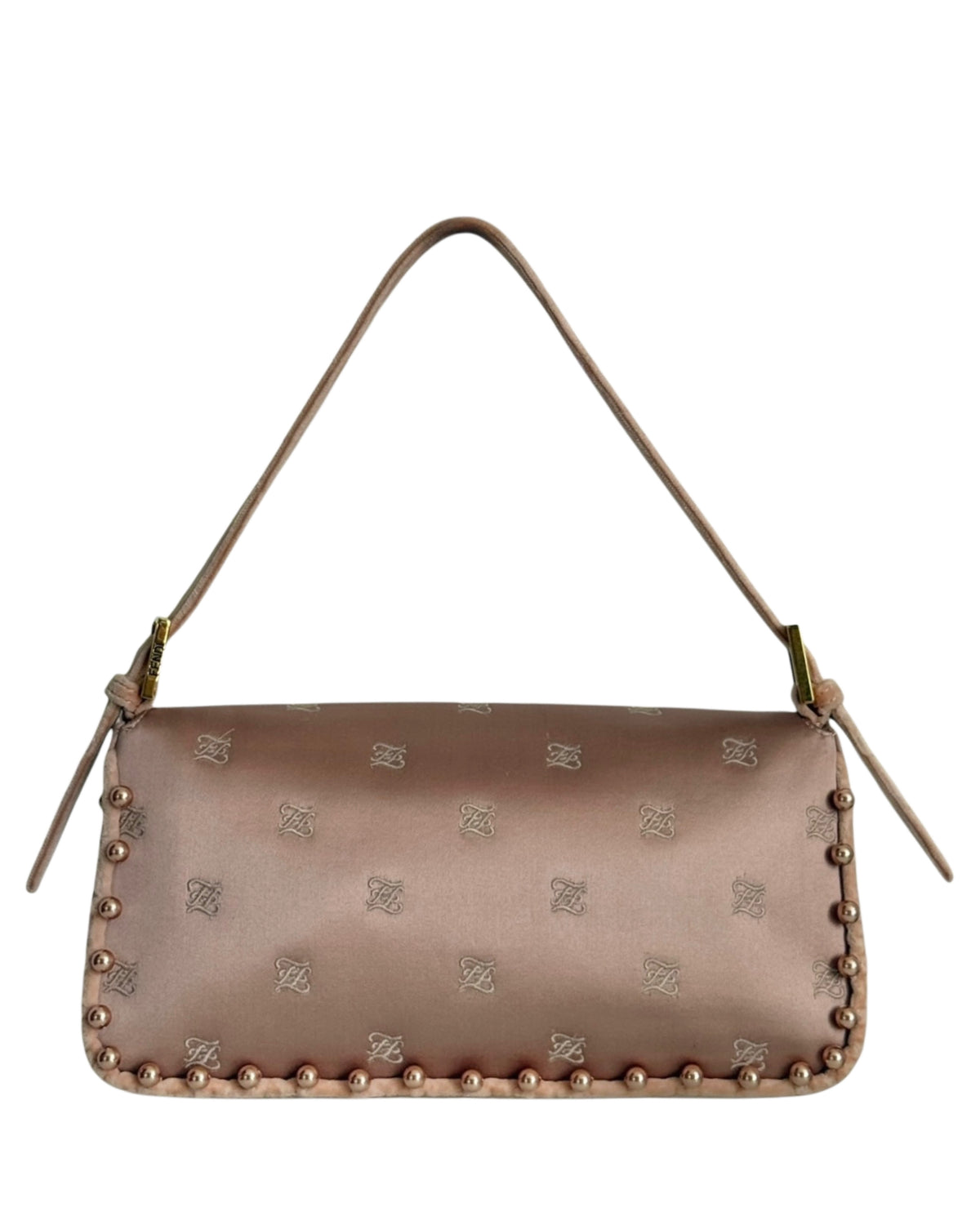 Fendi 1997 Re-Edition 25 Year Anniversary Blush Pink Embroidered Silk Logo Pearl Trim Shoulder Baguette Bag with Velour Trim