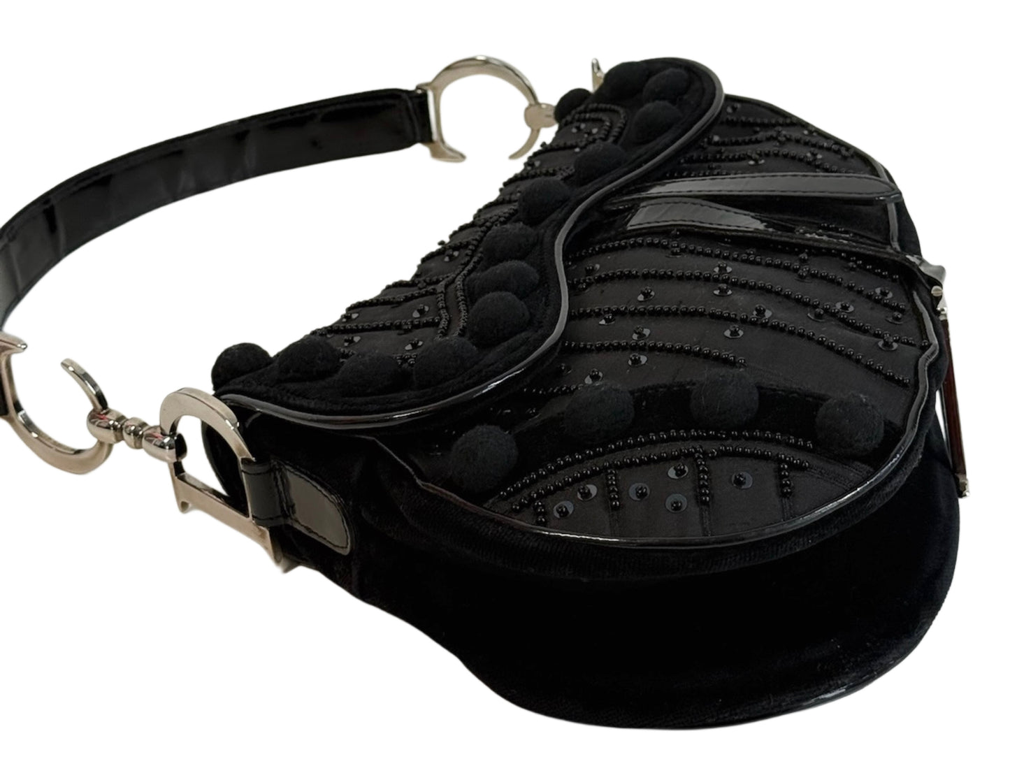 Dior Vintage Black Velvet Pom Pom Sequin Embellished Saddle Shoulder Bag #0544
