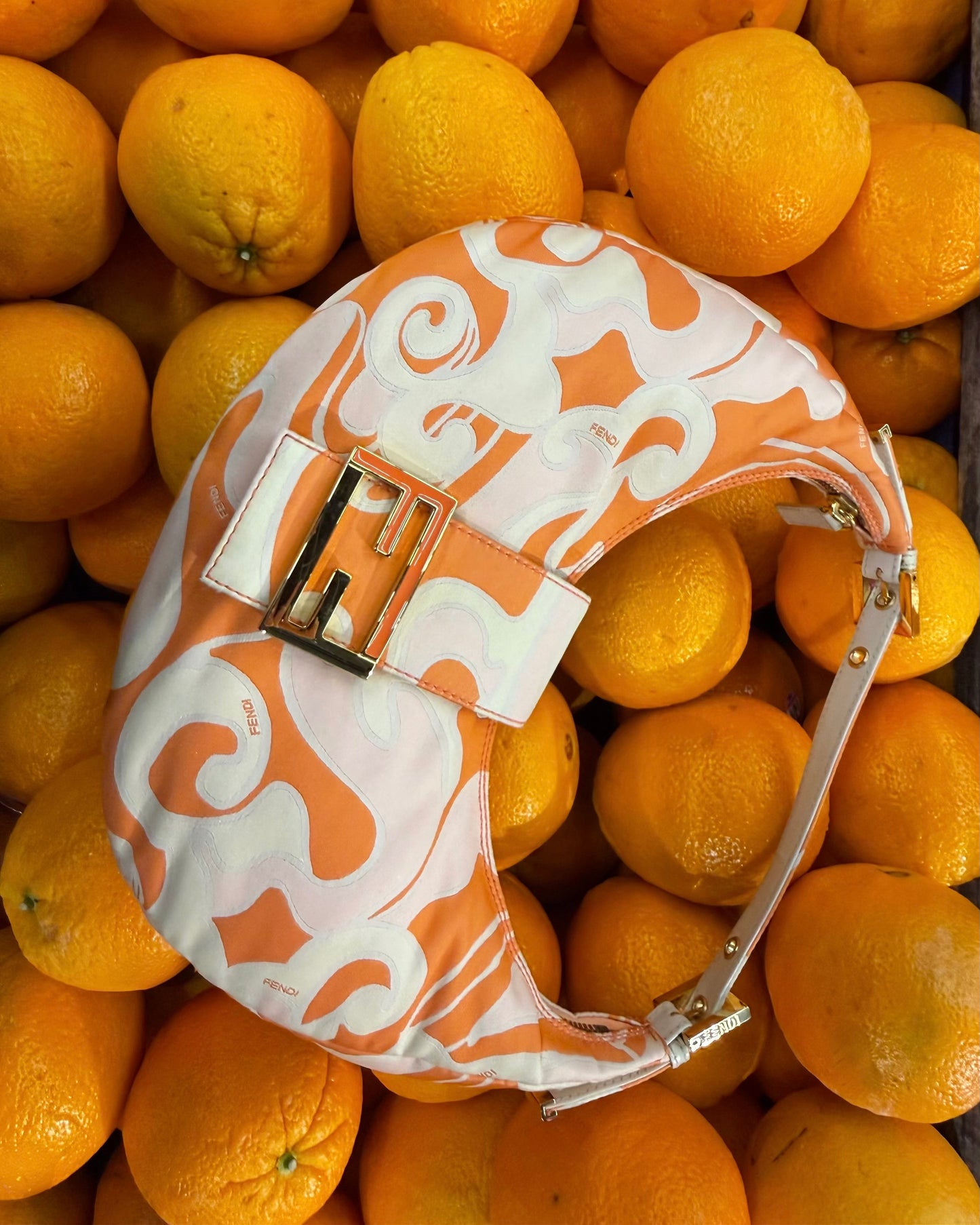 Fendi Vintage Orange Psychedelic Satin Croissant Hobo Shoulder Bag